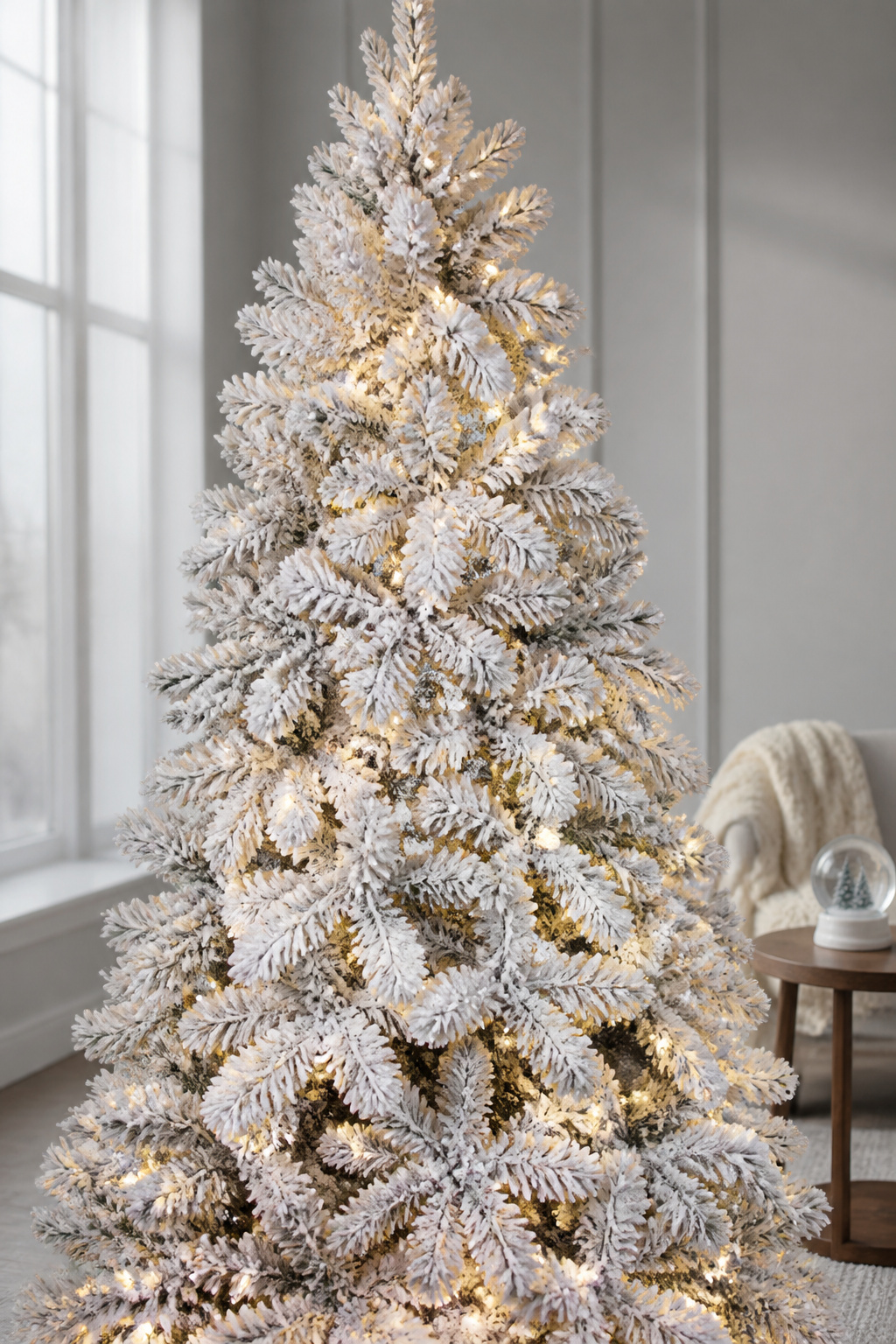 Flocked white forest Christmas tree with snow-like appearance.