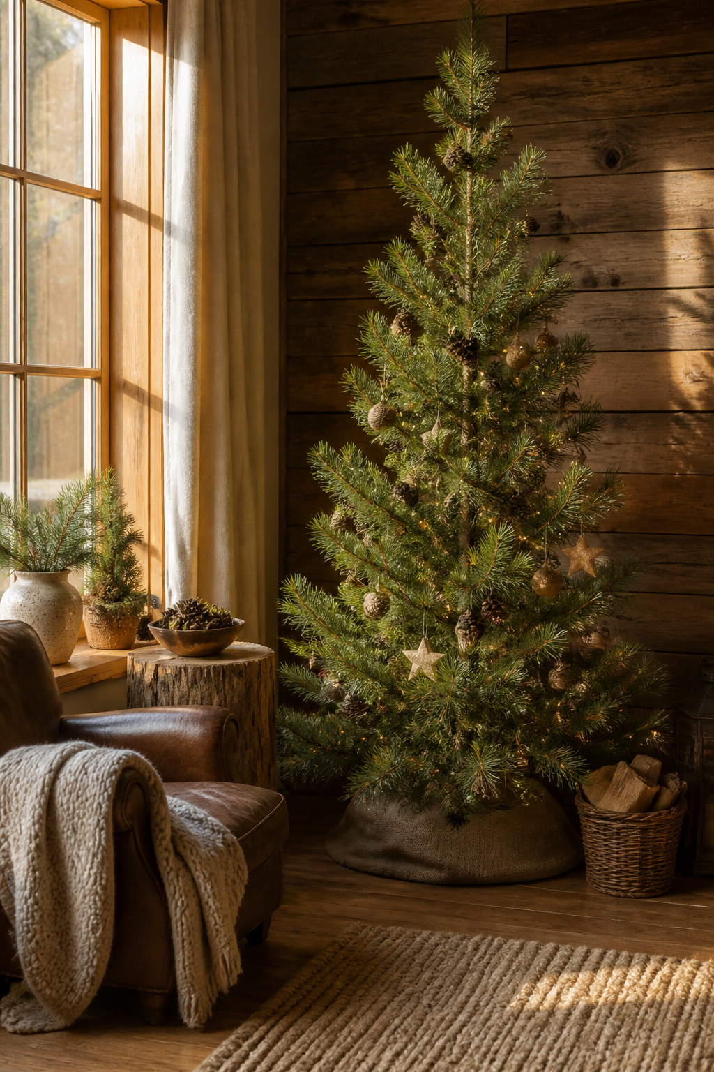 Rustic Alpine Christmas tree adorned with pine cones.