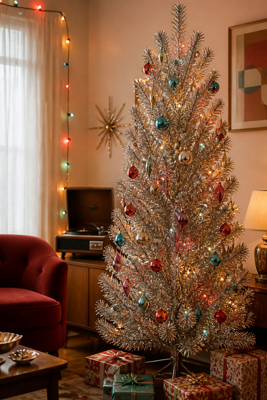 Thick silver tinsel Christmas tree shimmering with light.