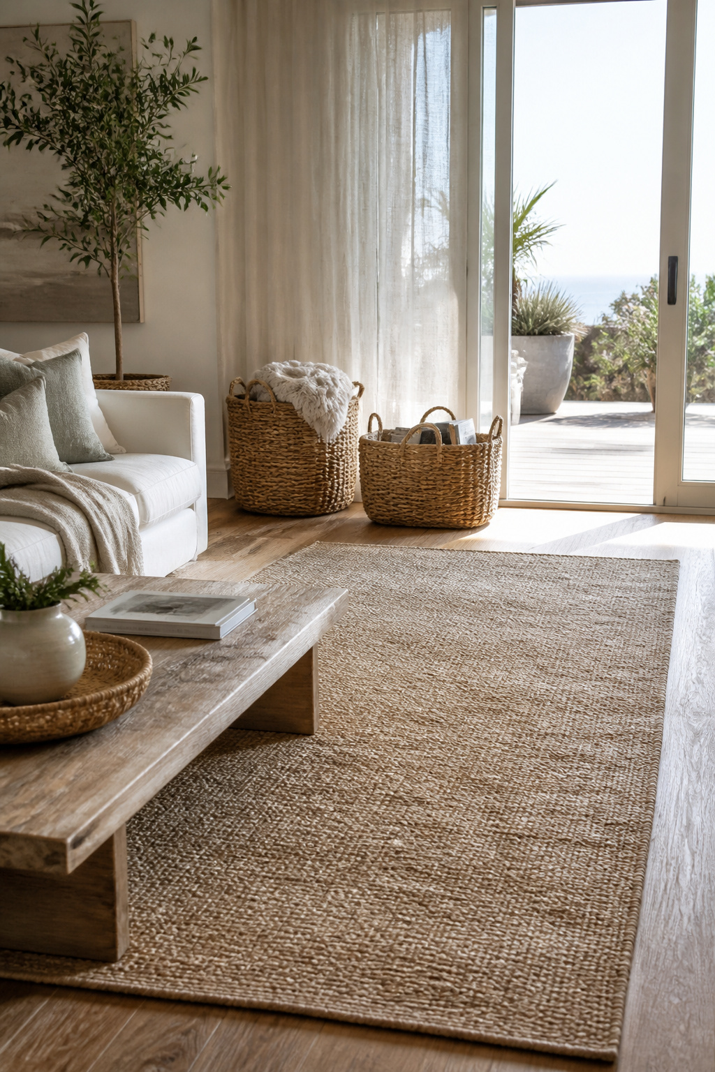 Jute rug on warm wood floor with rattan baskets and linen curtains.