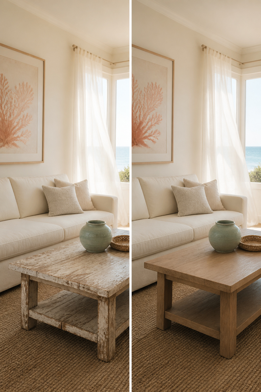 Living room with warm white walls and soft beige upholstery.