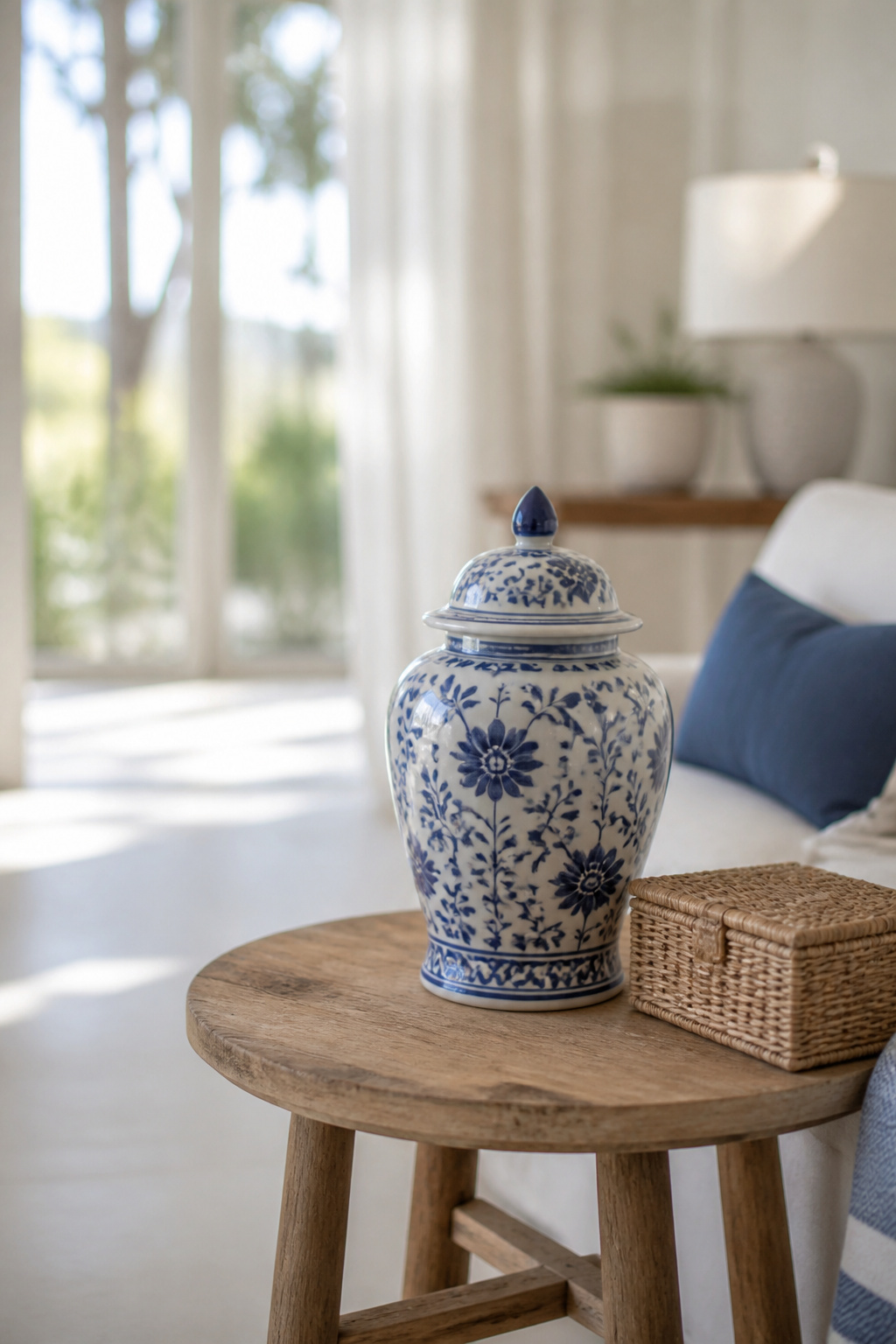 Blue and white ginger jar on a mantel in a coastal styled room.