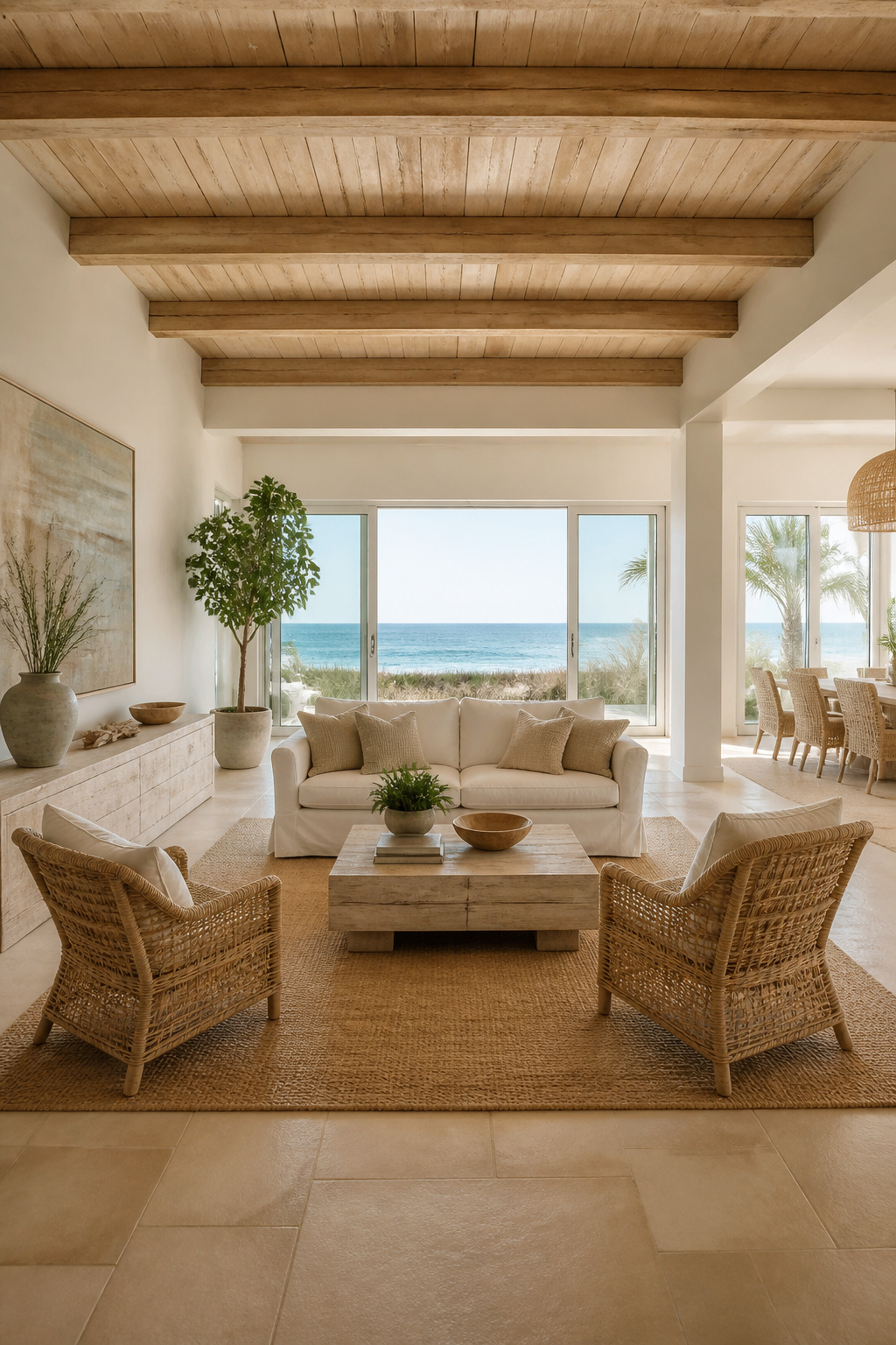 Slipcovered sofa and rattan chairs in a coastal chic living room.