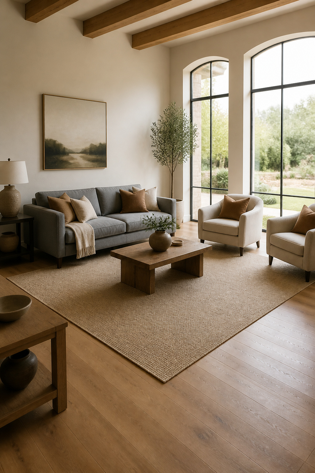 A large rug under a sofa and chairs in a living room.