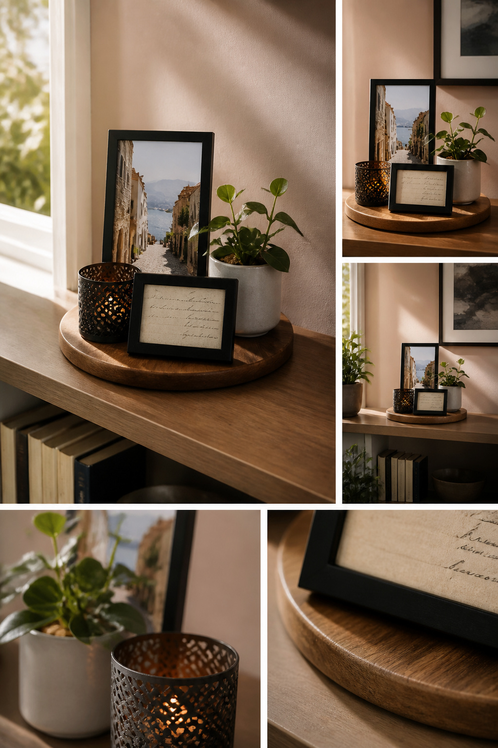 A shelf displaying personal items and framed photos.
