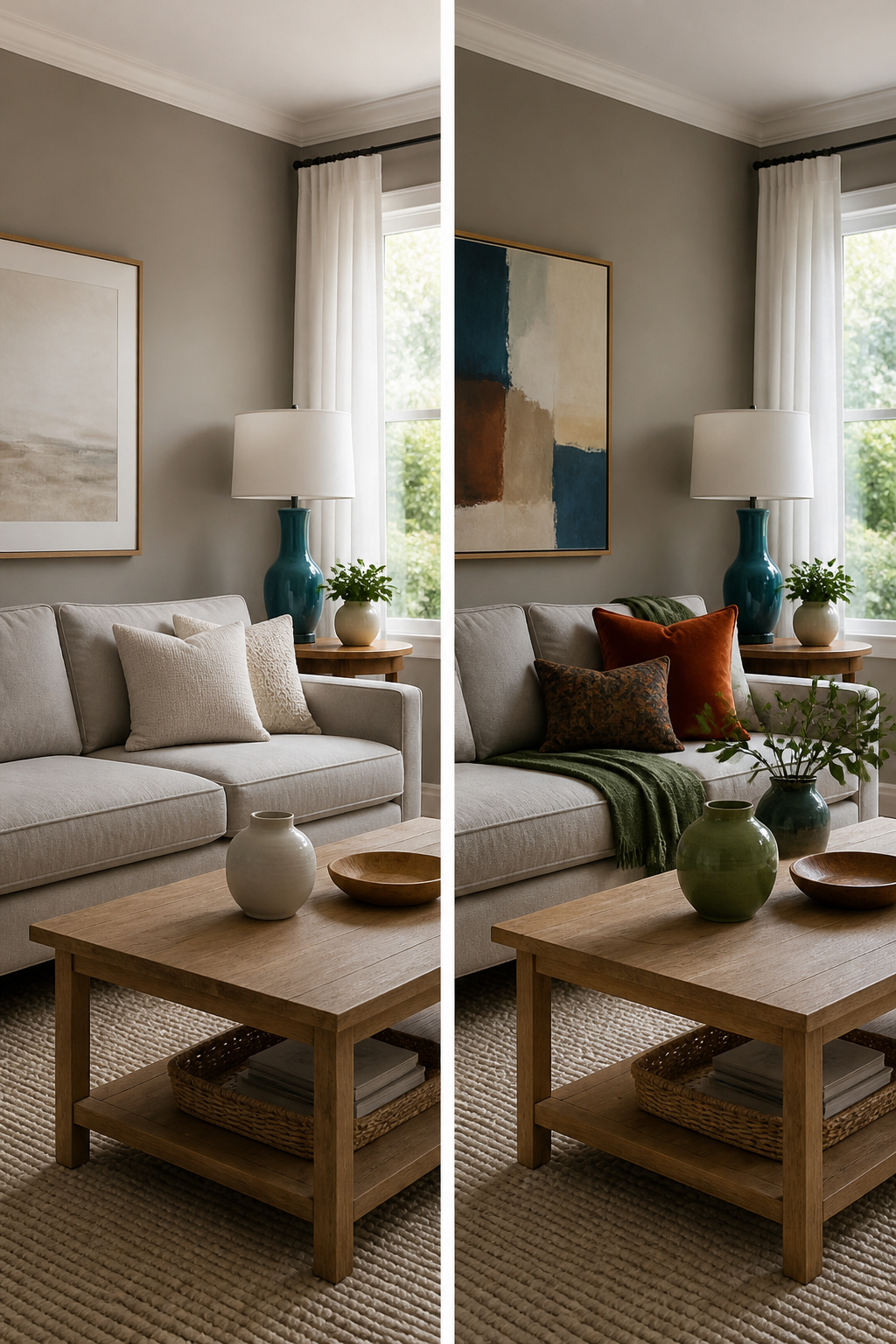 Decor items in a room featuring a neutral color palette with pops of color.