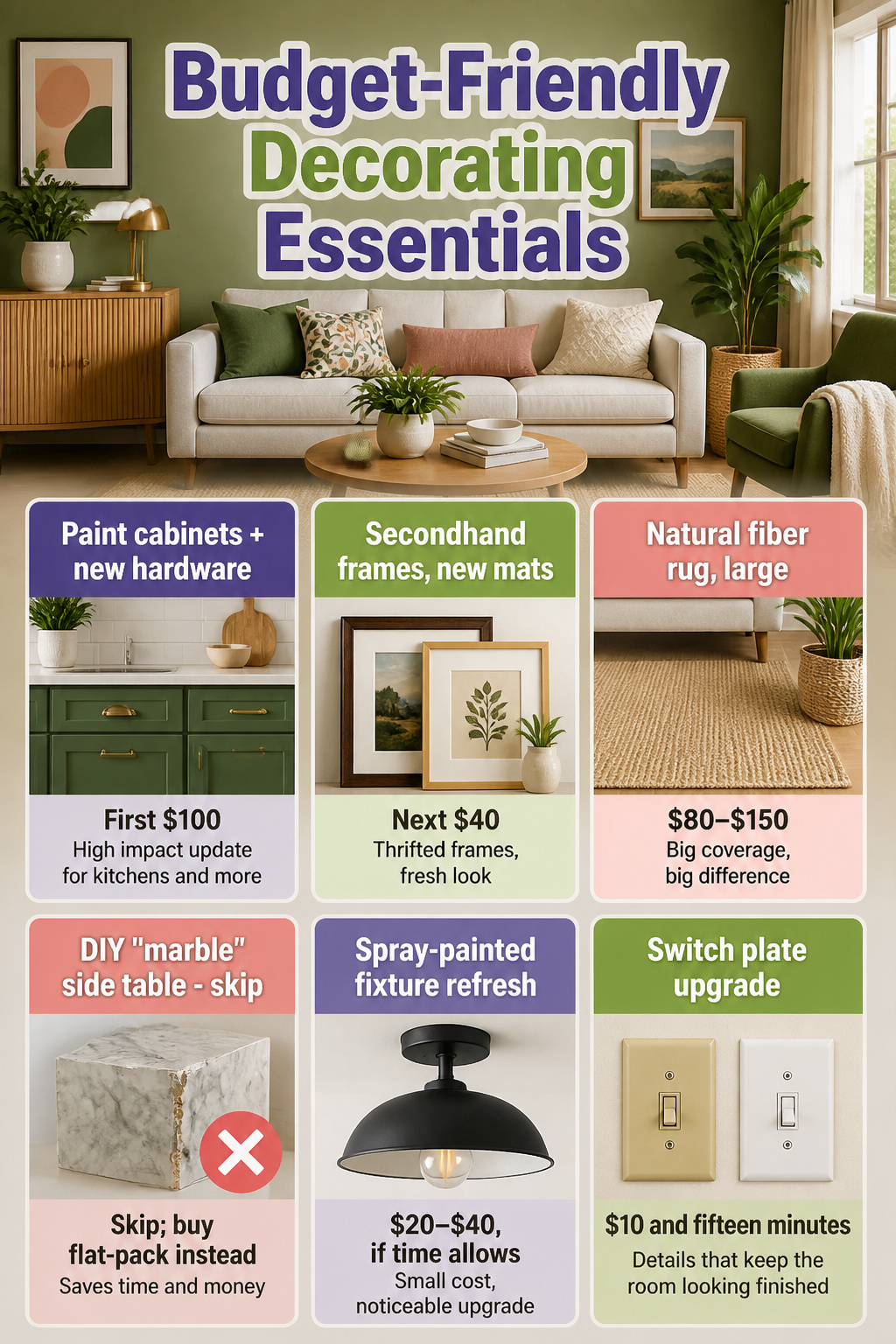 A graphic listing budget-friendly decorating essentials.