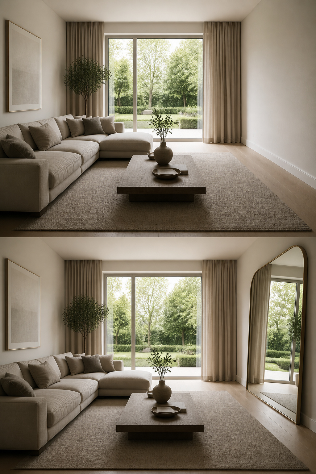 A mirror positioned opposite a window in a well-lit room.
