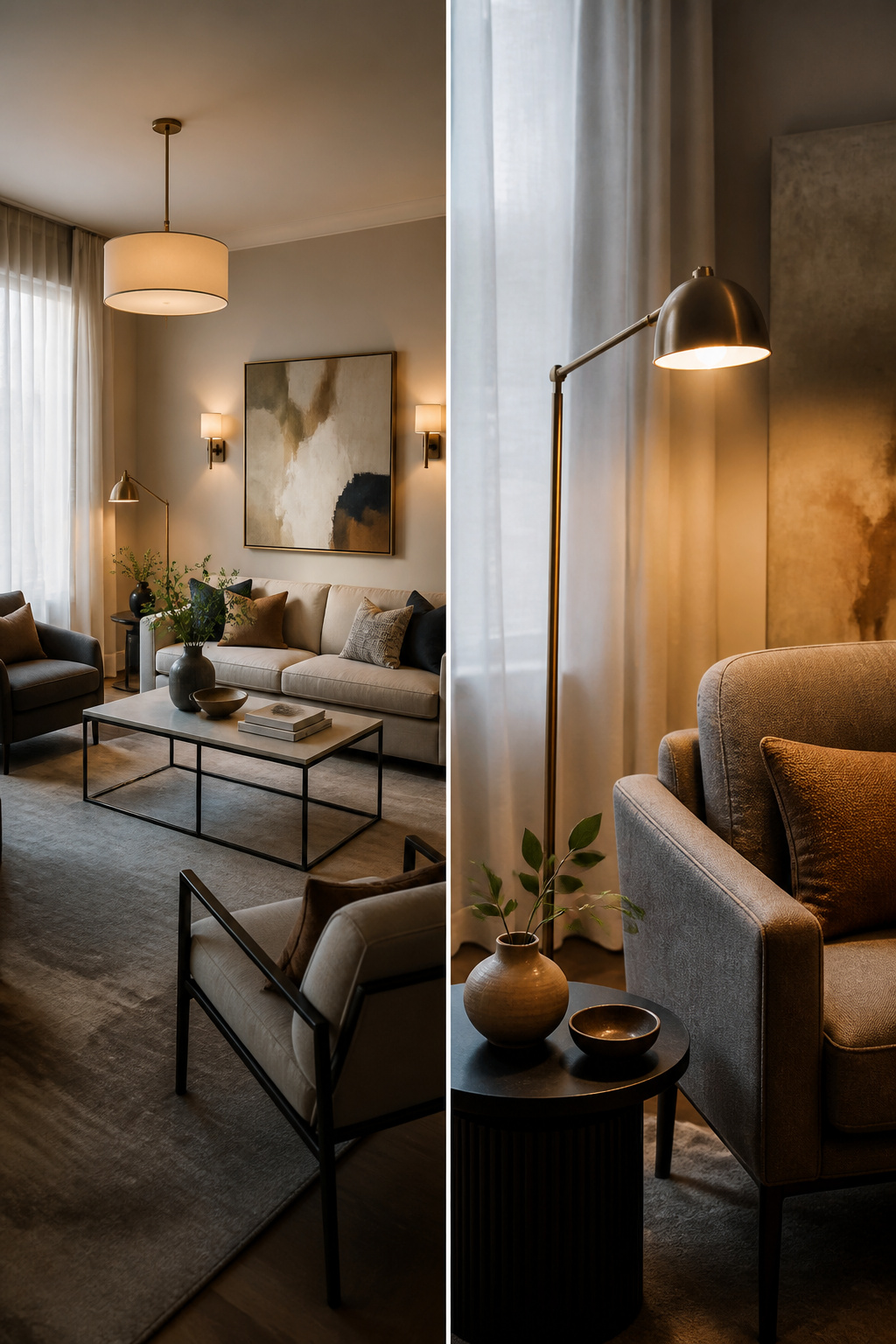 A living room with various light sources including lamps and overhead lights.