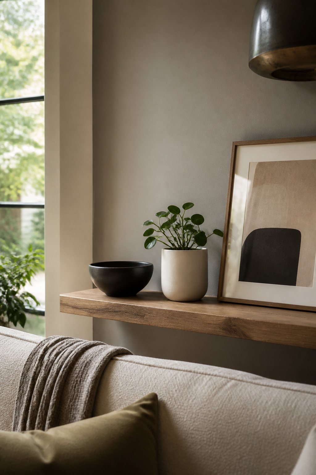 A shelf featuring a black bowl, plant, and framed print.