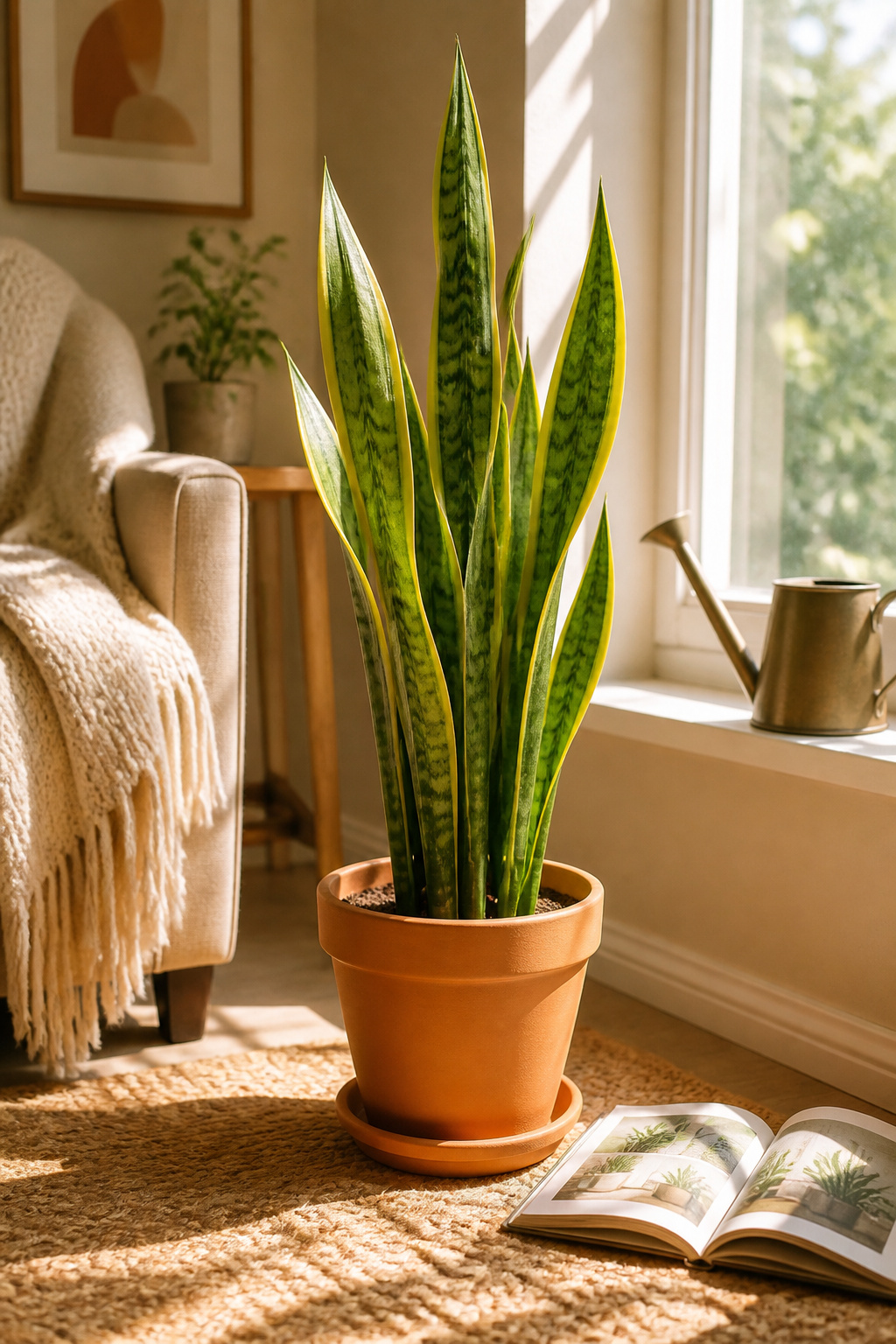 Pothos, snake plant, and ZZ plant on a shelf.