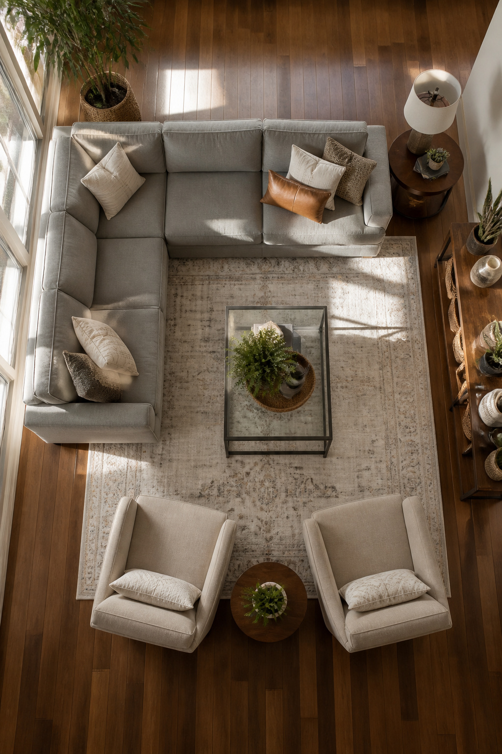 A living room set up with a sofa and two chairs facing each other.