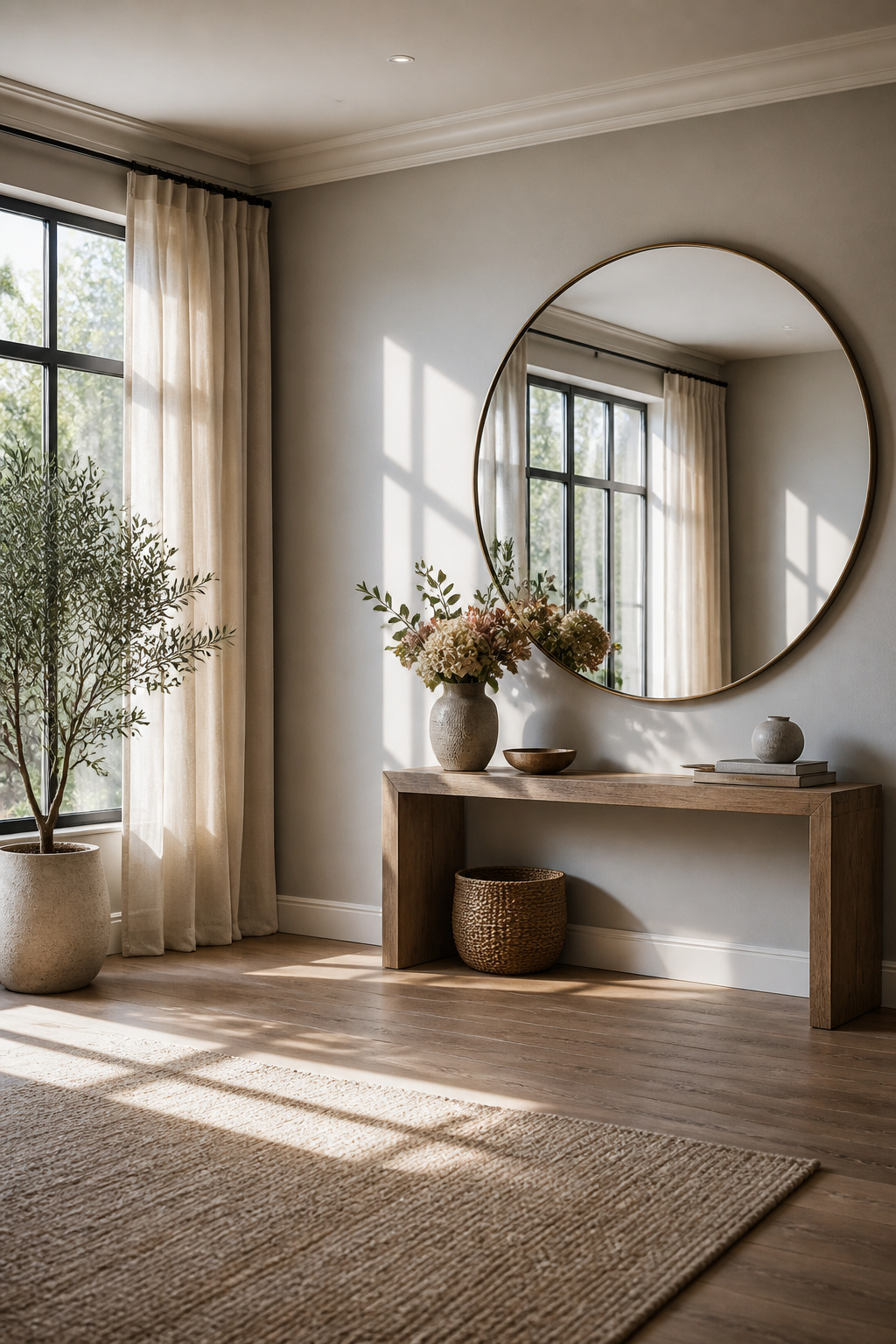 A mirror positioned across from a window in a bright room.