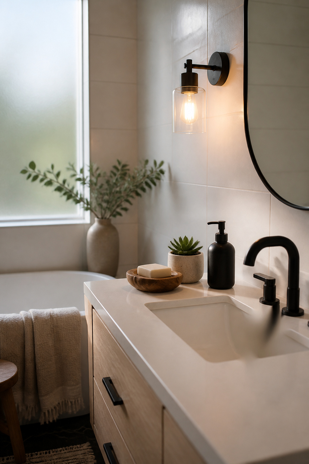 A bathroom featuring a wooden soap dish and ceramic pot.