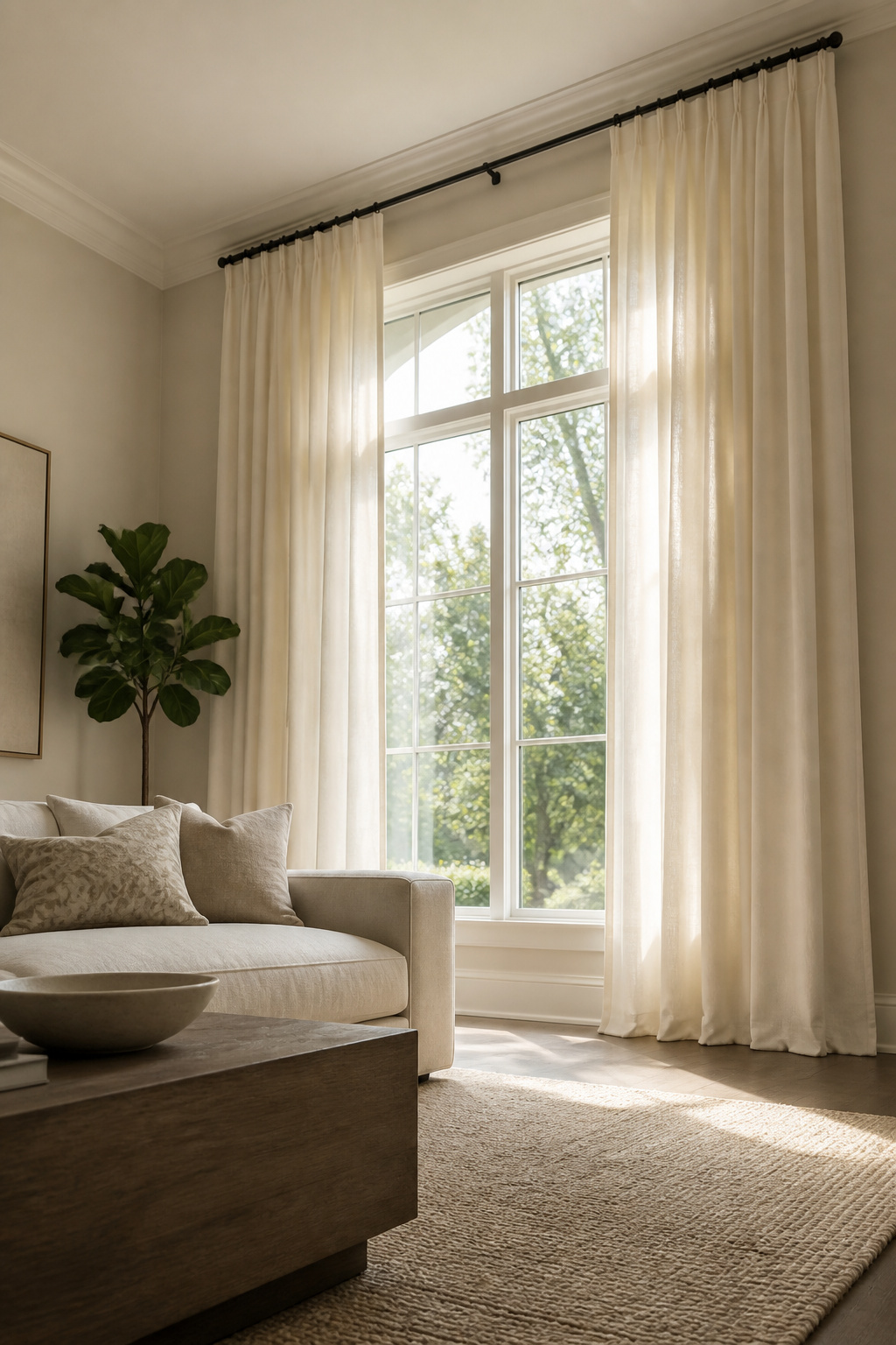 Curtains hung above a window, creating an illusion of taller ceilings.