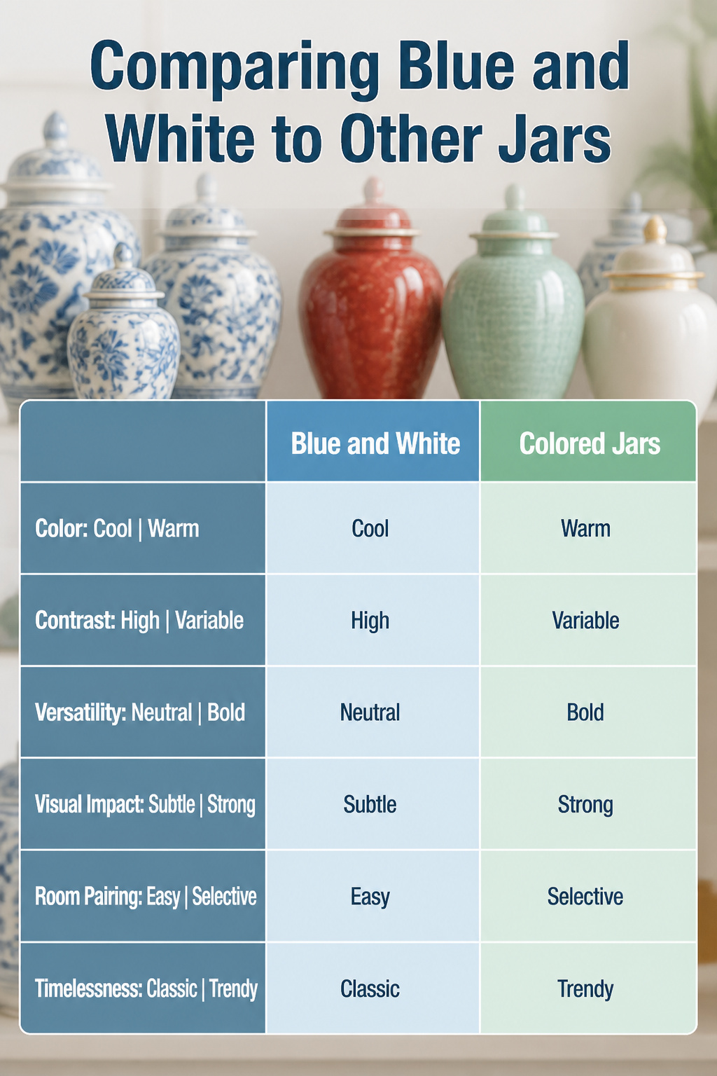 Blue and white ginger jars placed in a bathroom setting.
