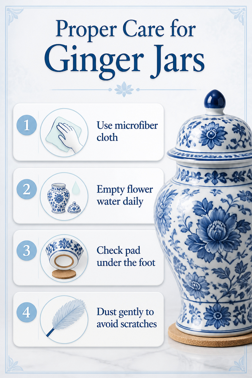 A person cleaning a ginger jar with a microfiber cloth.