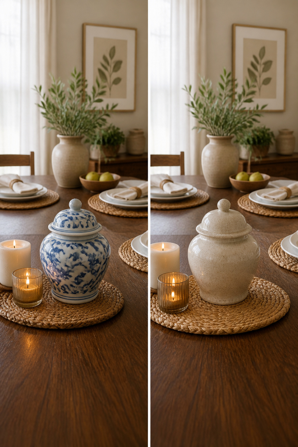 A table set with two ginger jars and decorative items.
