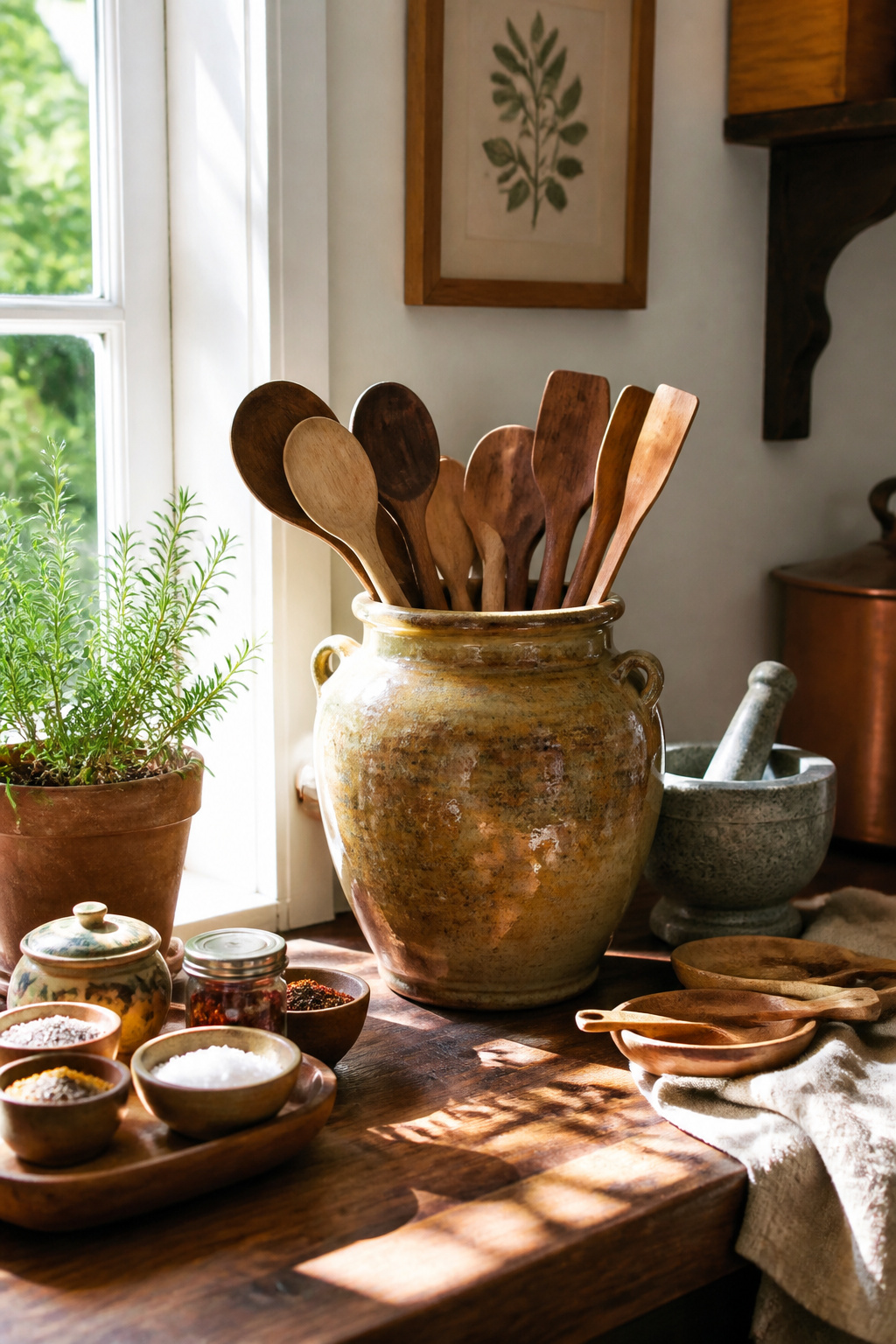 A ginger jar on a kitchen countertop holding wooden utensils.