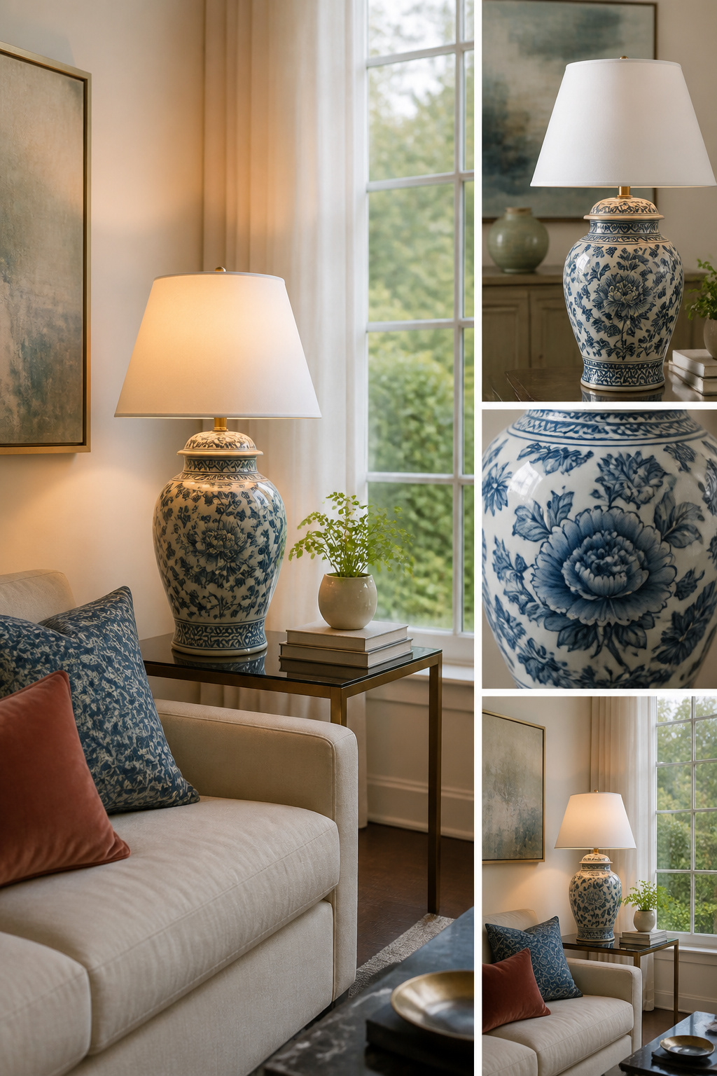 A ginger jar converted into a lamp on a bedside table.