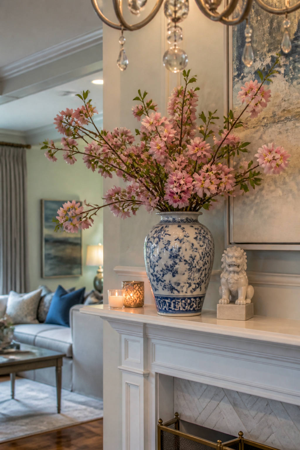 A ginger jar with crabapple branches on a decorated mantel.