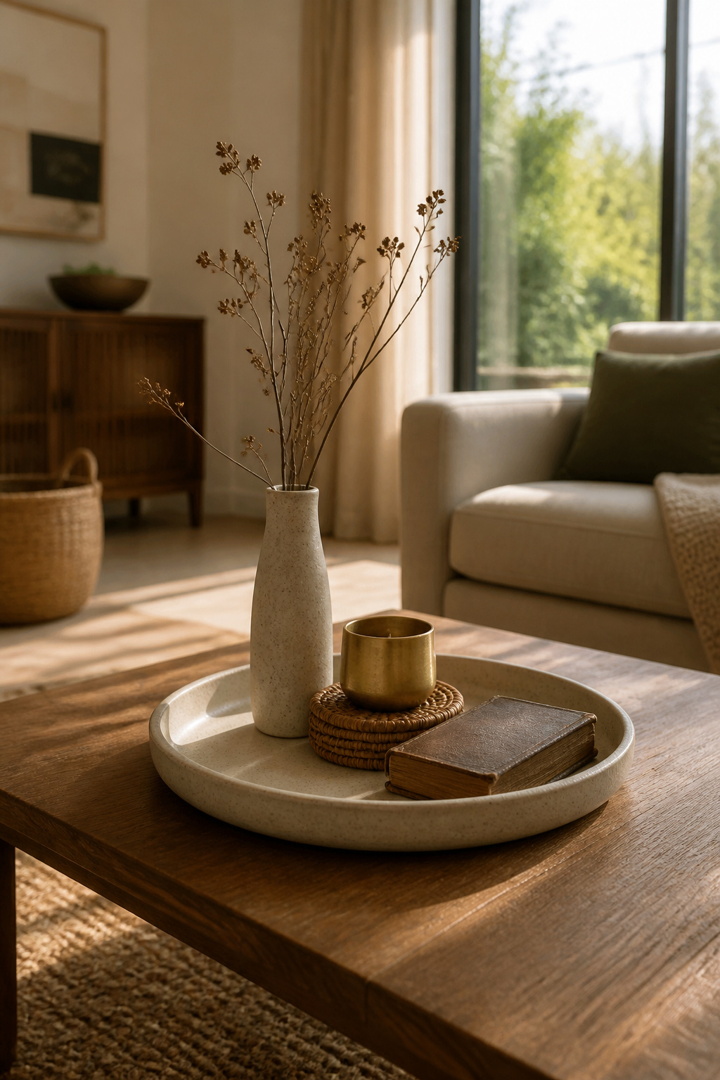 A coffee table featuring a ceramic tray with a vase and a candle.