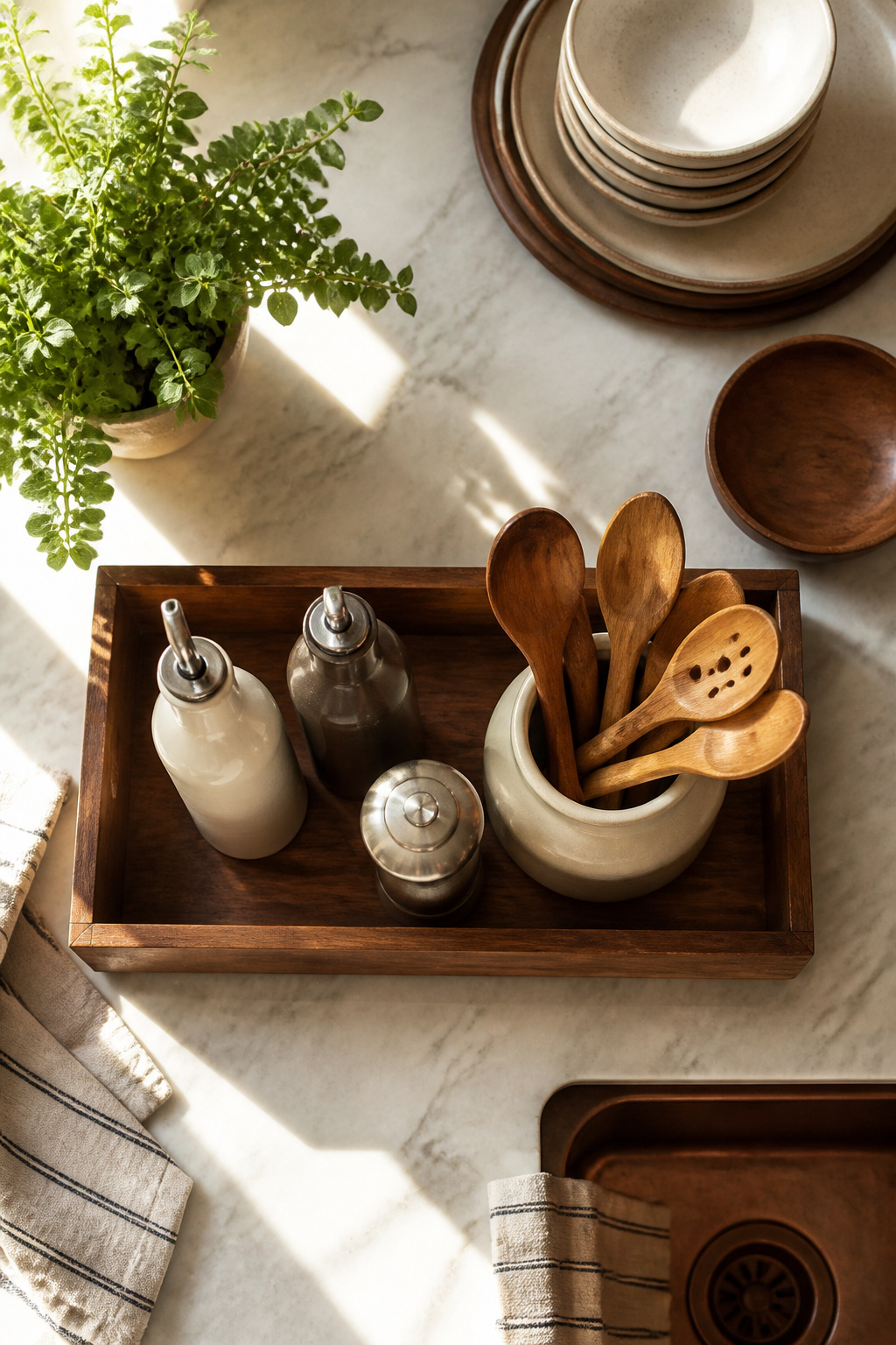 A kitchen tray holding olive oil, salt, pepper mills, and a plant.
