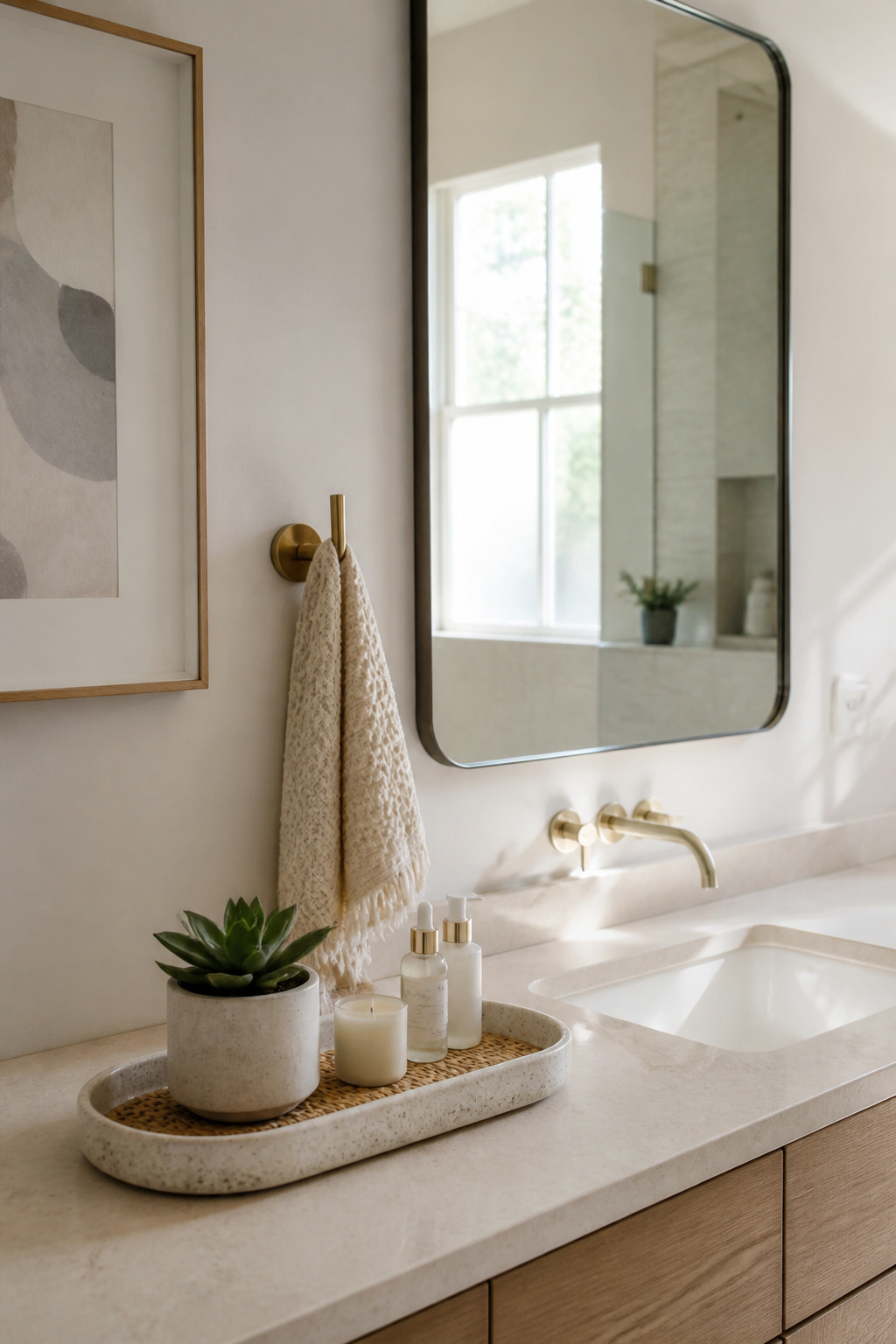 A bathroom counter with a ceramic tray containing skincare products.
