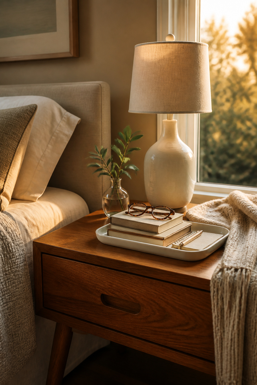 A nightstand displaying a tray with books and reading glasses.
