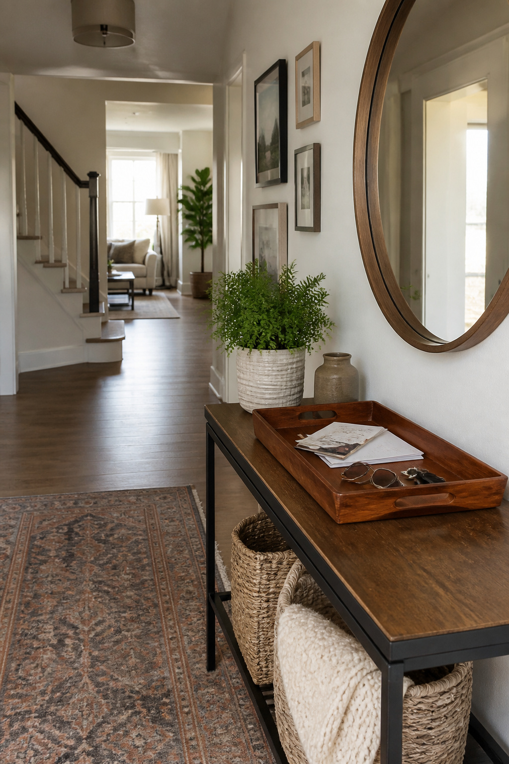 An entryway console with a tray holding keys and mail.
