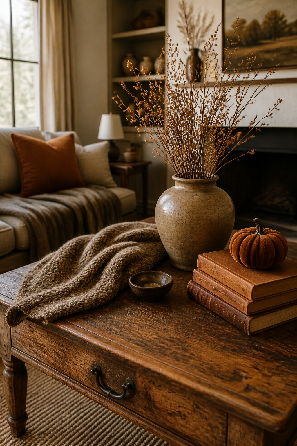 Vintage coffee table styled with a soft blanket and dried stems.