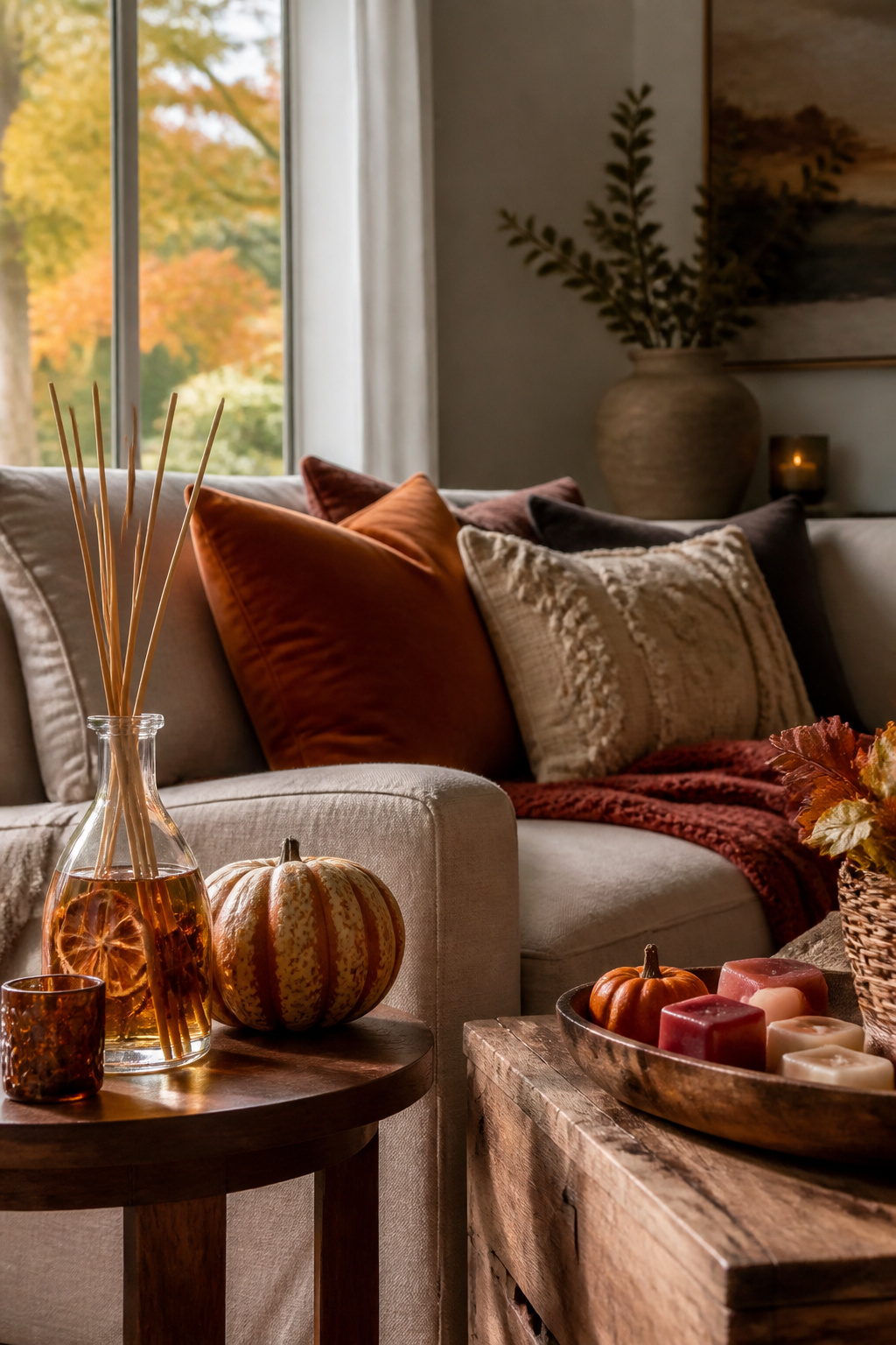 Reed diffuser and wax melts arranged on a side table.