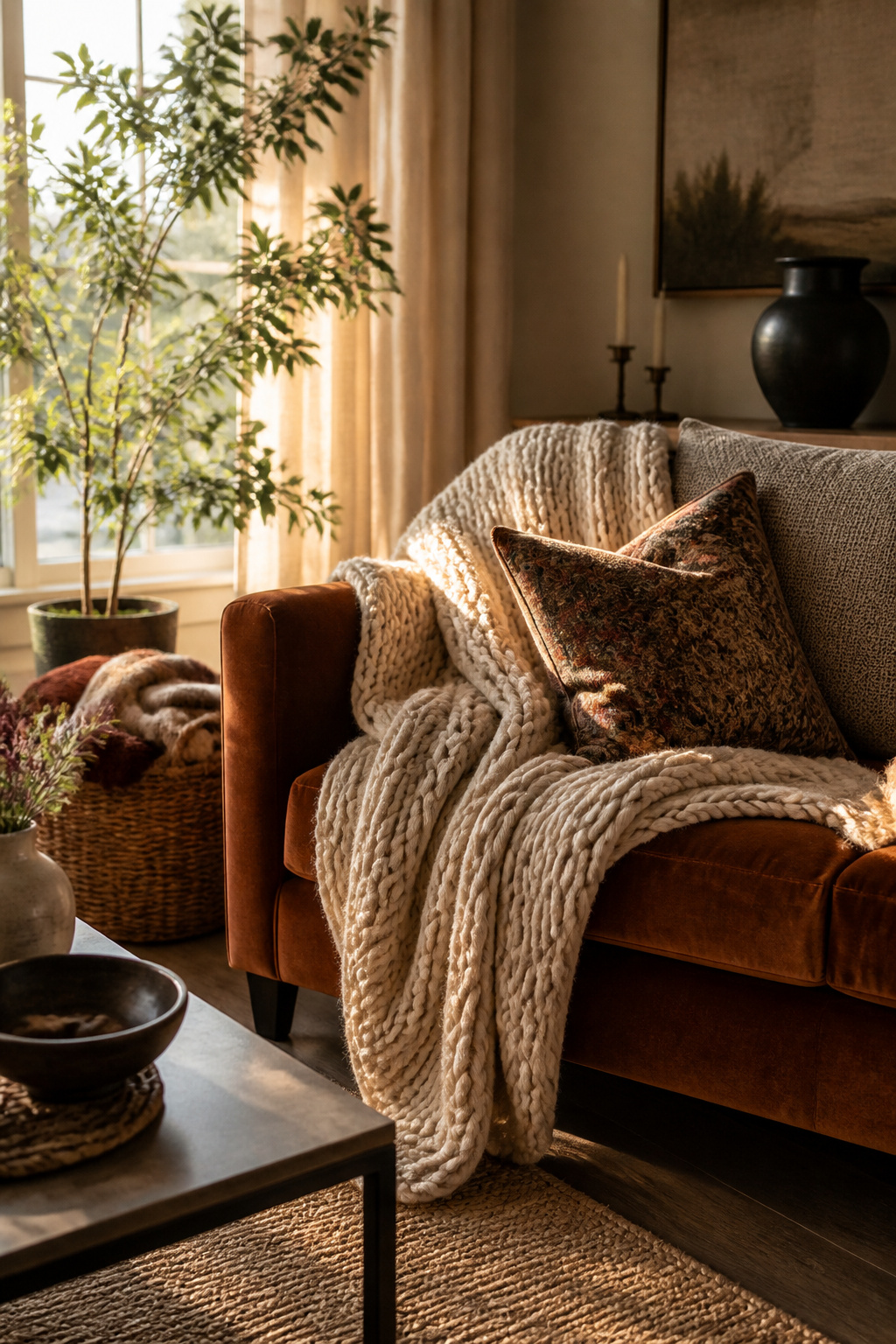 Sofa with layered throw blankets and a decorative basket nearby.