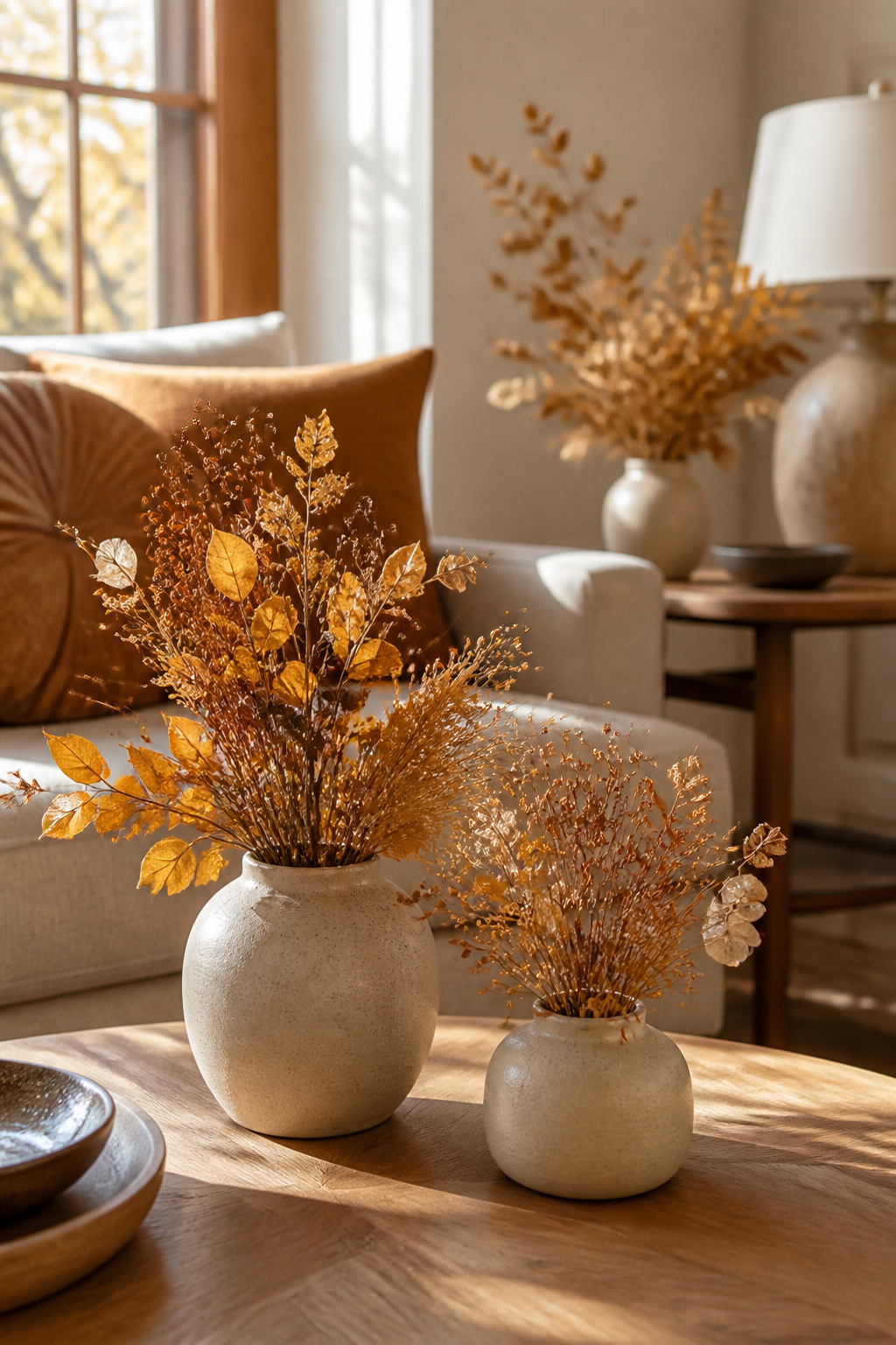 Fall flower arrangements in multiple small vases around the room.