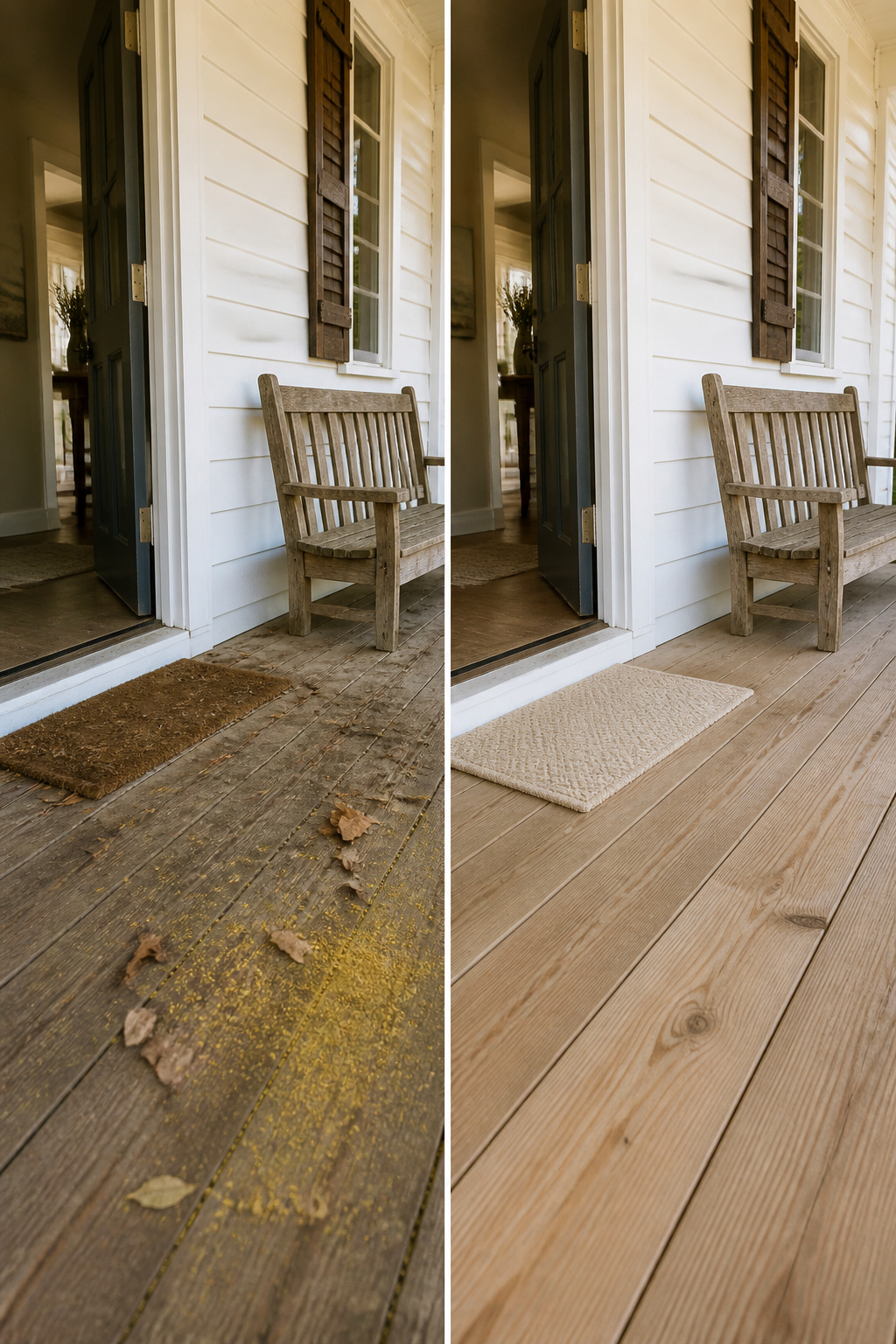 A clean front porch with no furniture or decorations.