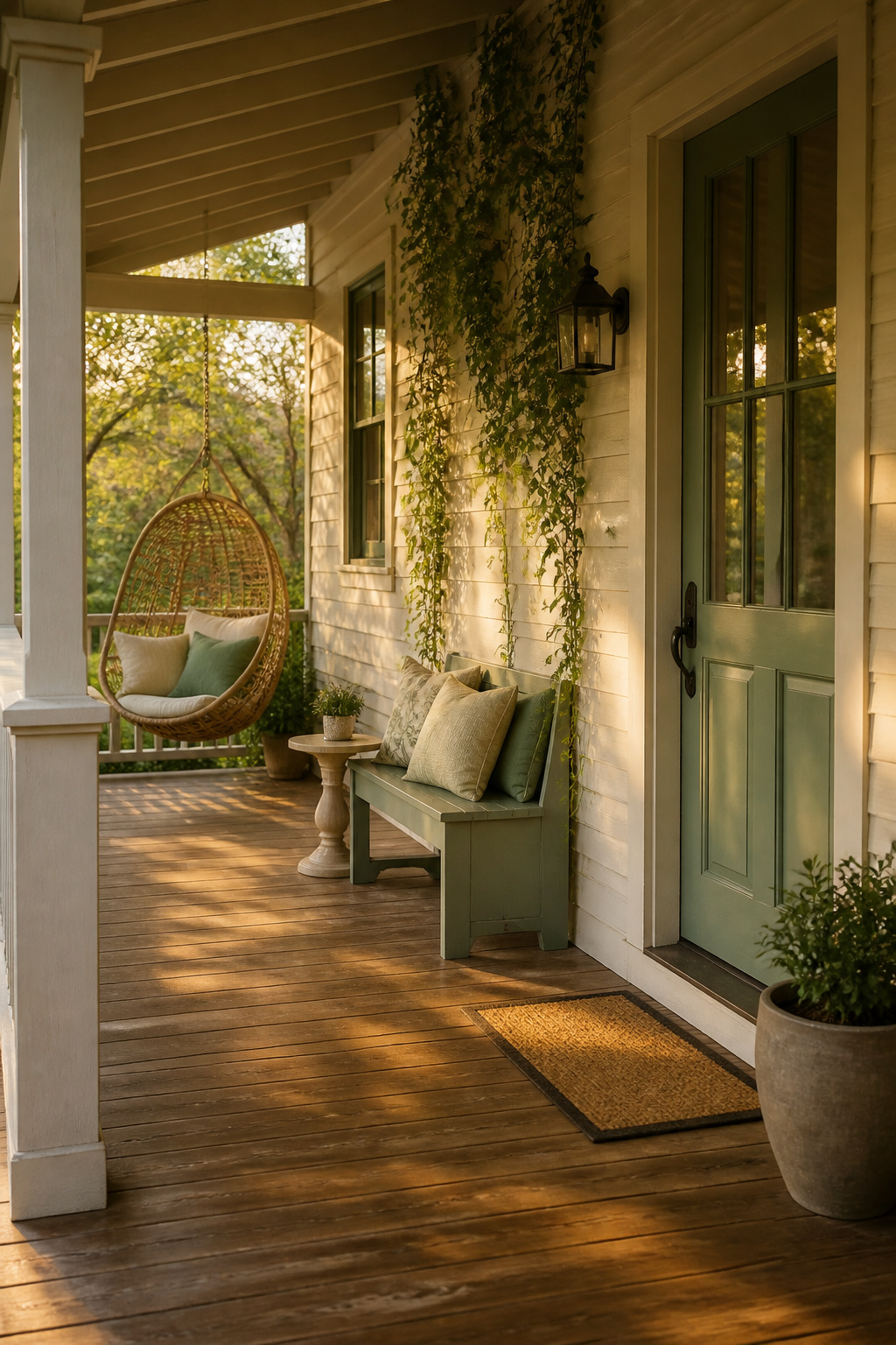 A small bench placed on a front porch.