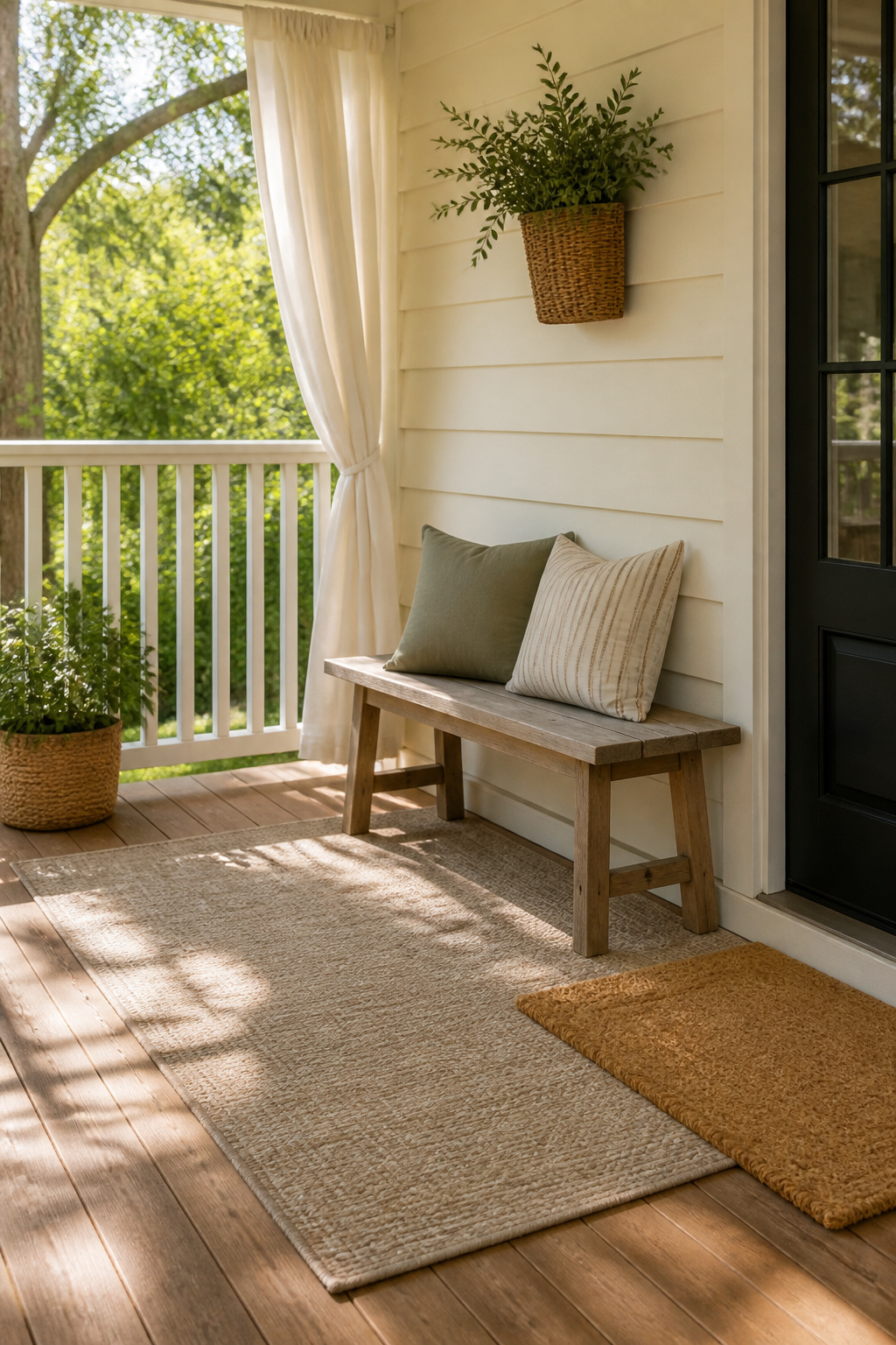 Two layered outdoor rugs on a front porch under a bench.