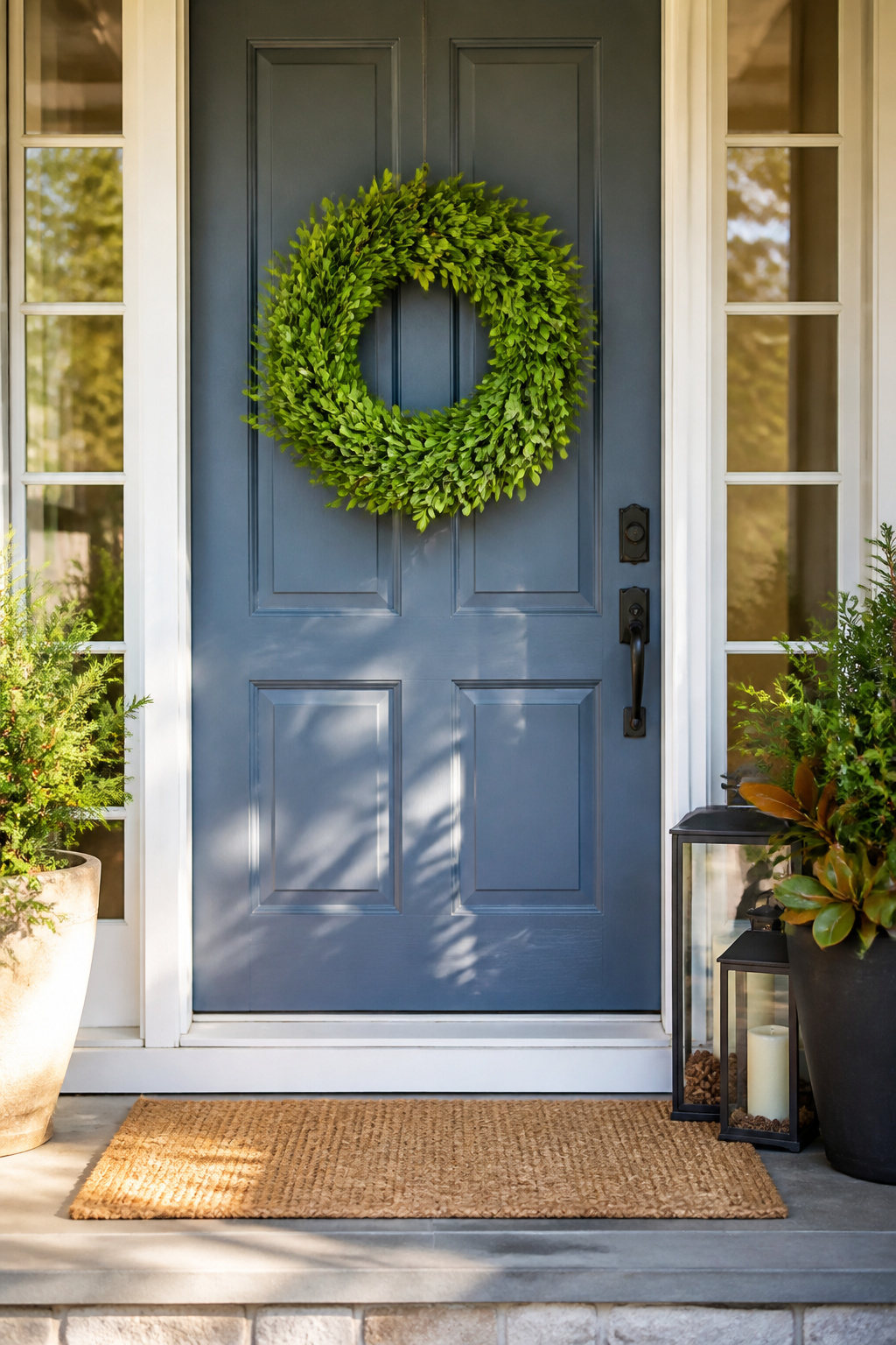 A wreath hanging on a front door.