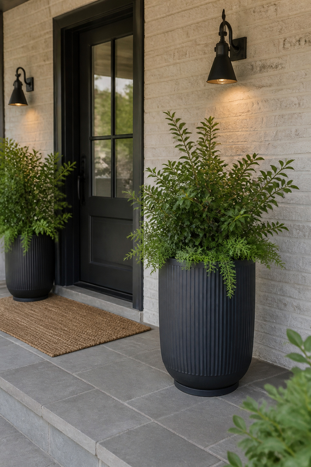 Two identical planters placed symmetrically by a front door.