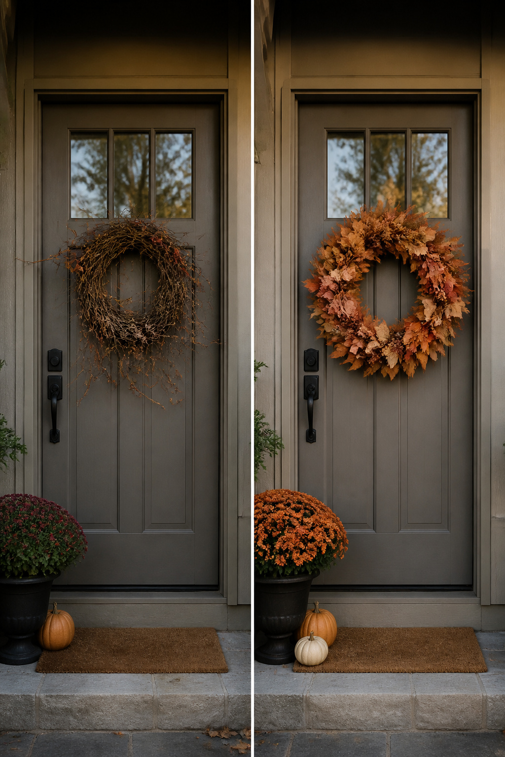 Gorgeous Fall Wreaths for 2026: 14 Front-Door Styles to Buy or Make 18 Color palette comparison for fall wreaths against different backgrounds.