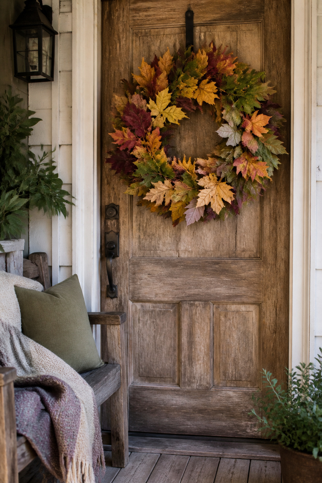 Gorgeous Fall Wreaths for 2026: 14 Front-Door Styles to Buy or Make 2 Mixed-leaf wreath with various colored leaves on a wooden door.