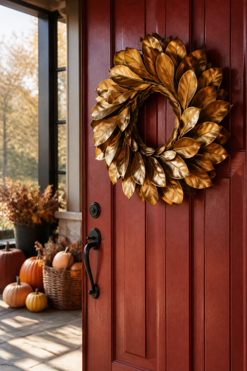 Gorgeous Fall Wreaths for 2026: 14 Front-Door Styles to Buy or Make 3 Gold magnolia leaf wreath resting on a red door.