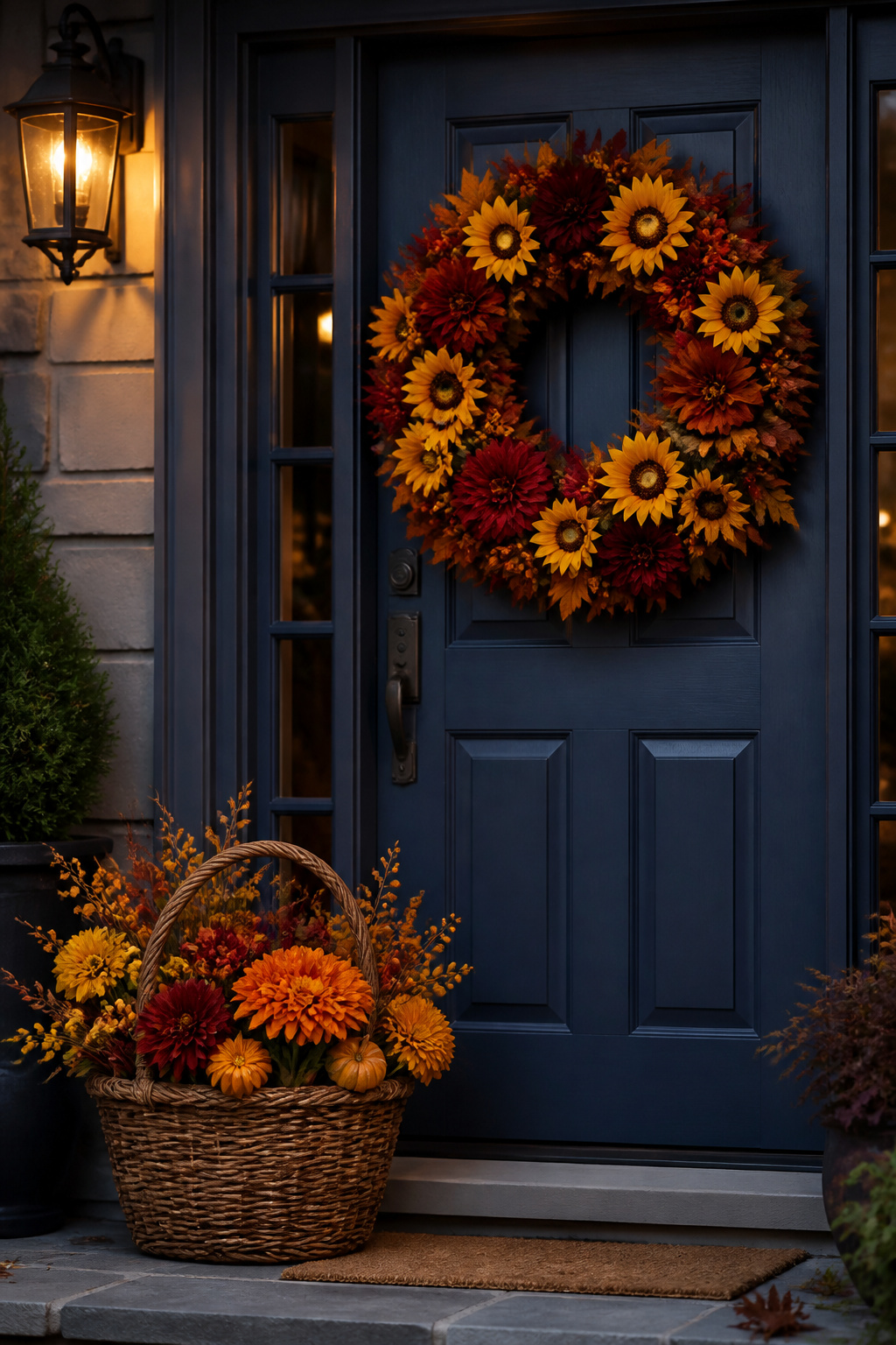 Gorgeous Fall Wreaths for 2026: 14 Front-Door Styles to Buy or Make 9 Floral wreath with vibrant flowers on a navy door.