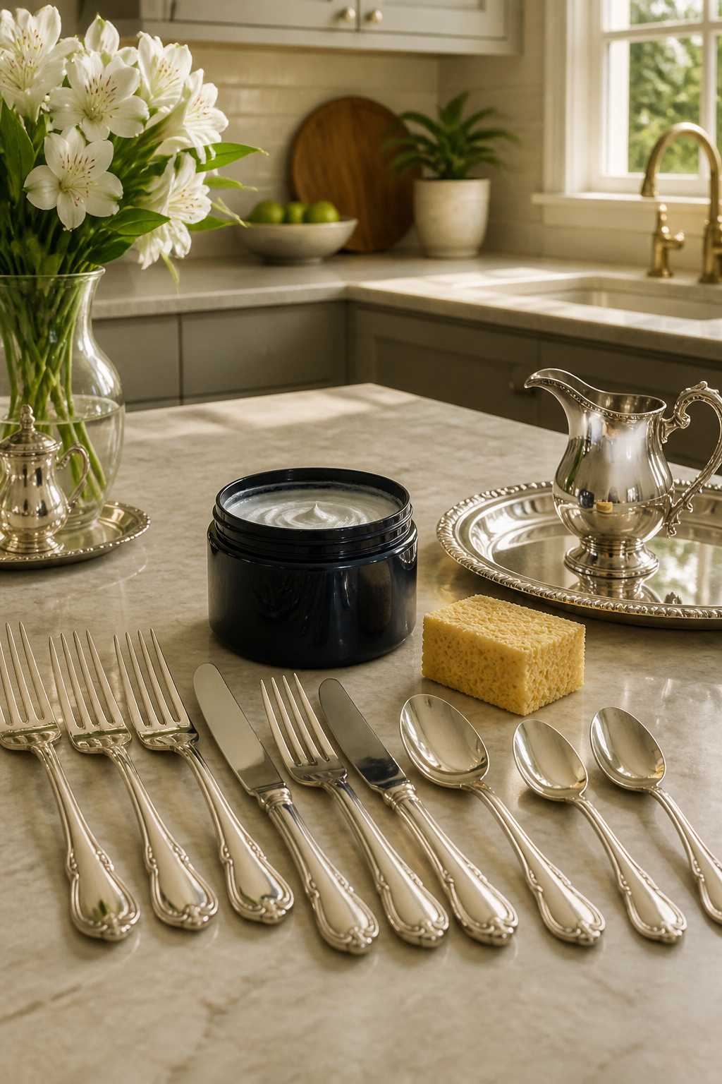 How to Clean Silverware Easily: 4 Methods That Work in 2026 4 Commercial silver polish container next to polished silver utensils.