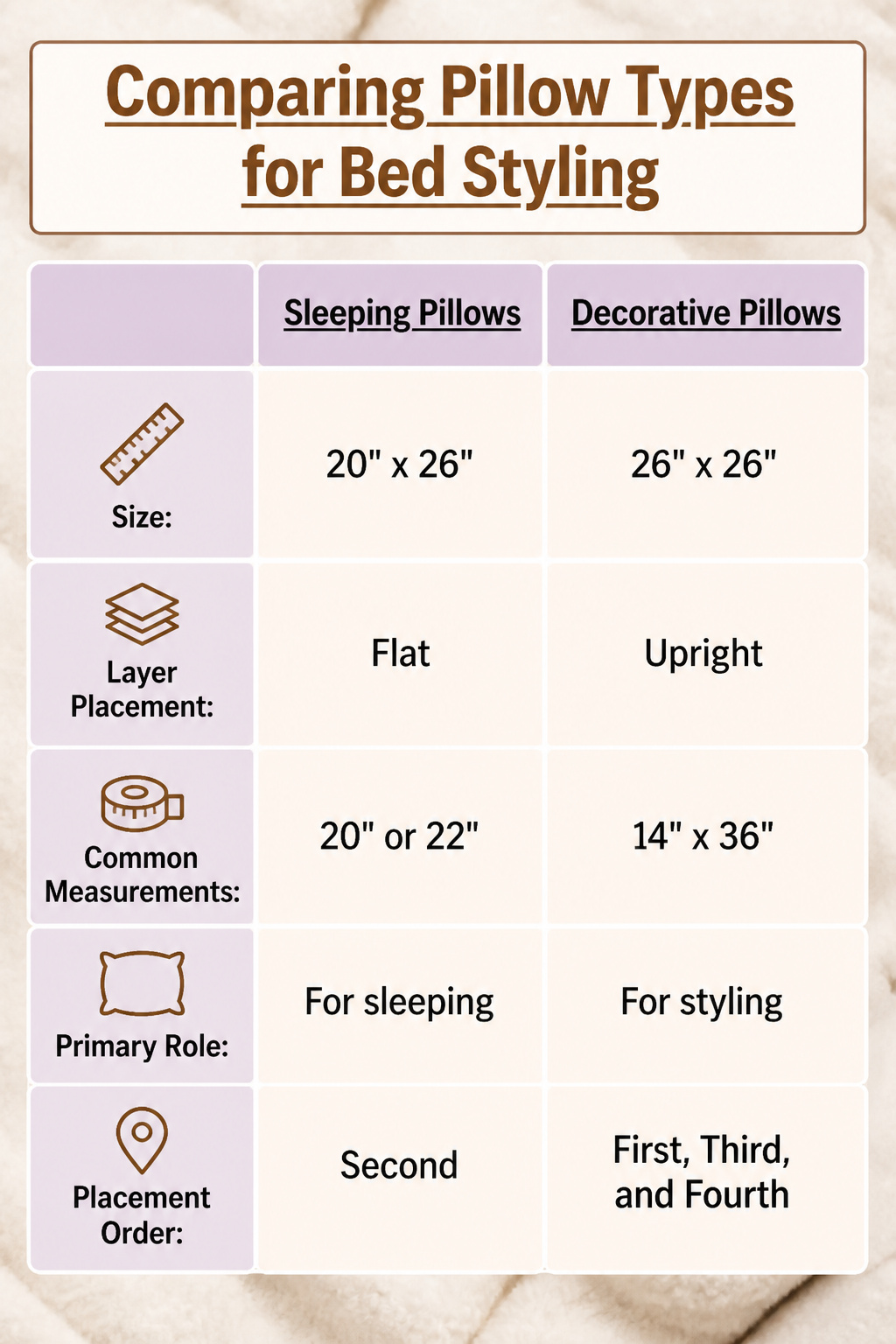 An information image comparing different types of pillows for bed styling.