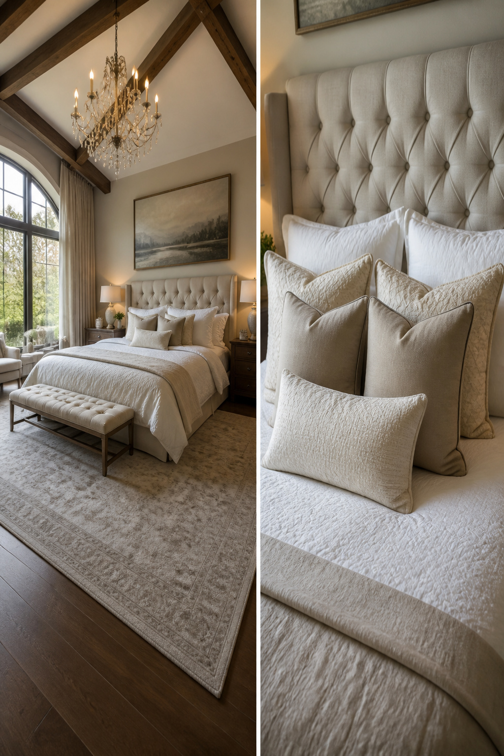 A bed styled with multiple layers of pillows for an elegant appearance.