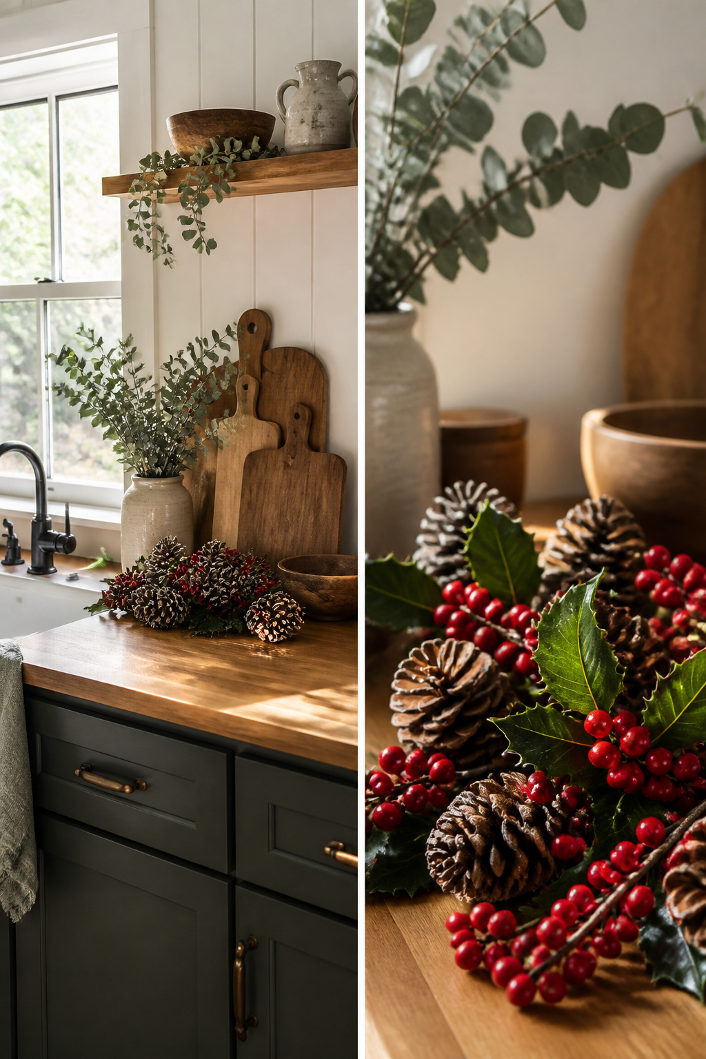 10 Christmas Kitchen Decor Ideas to Try in 2026 10 Fresh cedar branches and pinecones arranged on a kitchen counter.
