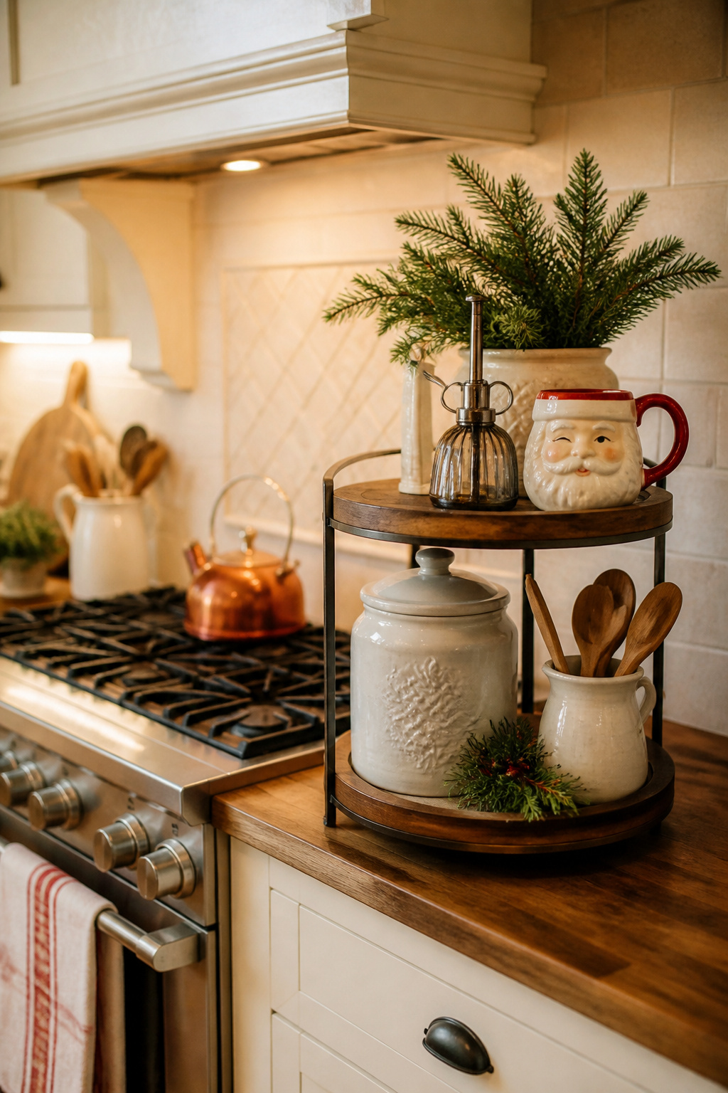 10 Christmas Kitchen Decor Ideas to Try in 2026 12 A tiered tray with seasonal decorations and kitchen items beside a stove.