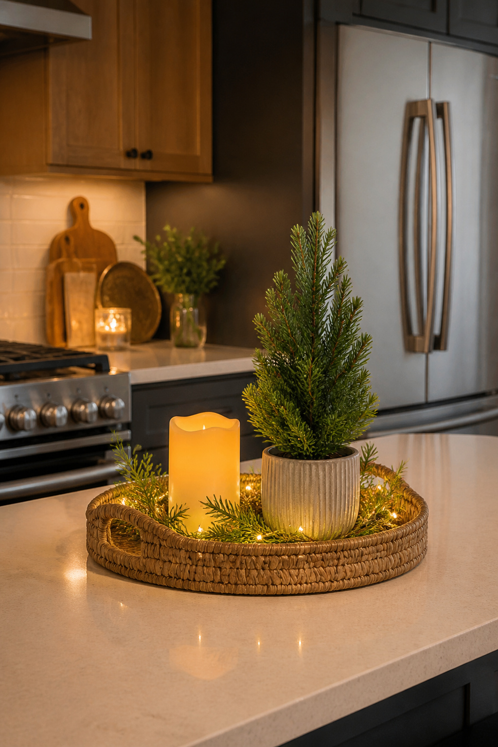 10 Christmas Kitchen Decor Ideas to Try in 2026 14 A decorative tray with an LED candle and greenery on a kitchen counter.