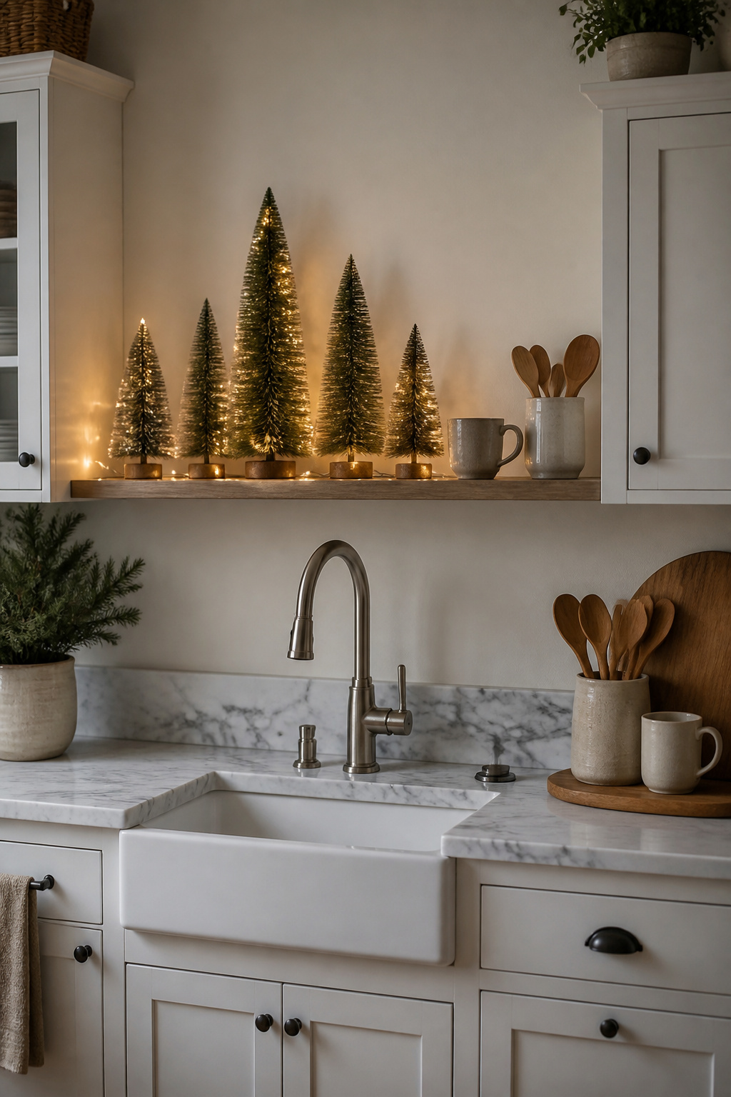 10 Christmas Kitchen Decor Ideas to Try in 2026 3 A set of bottlebrush mini trees arranged on a shelf above a sink.
